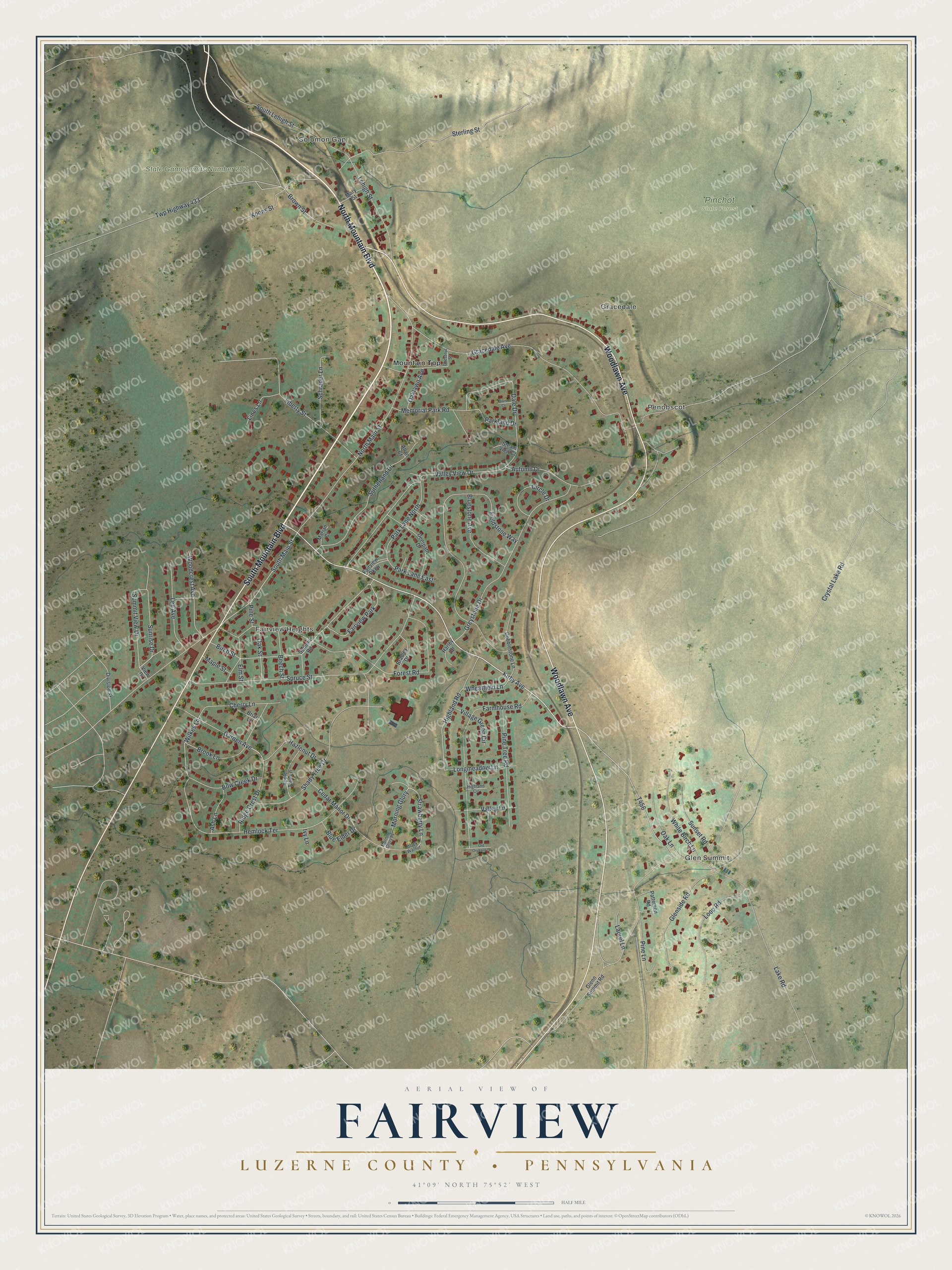 Full map of Fairview, Luzerne County, Pennsylvania, with red buildings, printed street names and the land around them