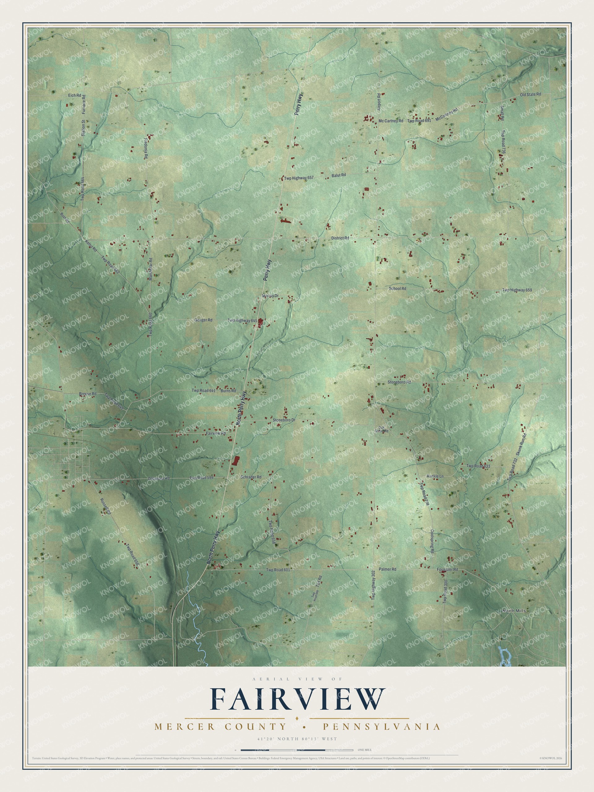 Full map of Fairview, Mercer County, Pennsylvania, with red buildings, printed street names and the land around them
