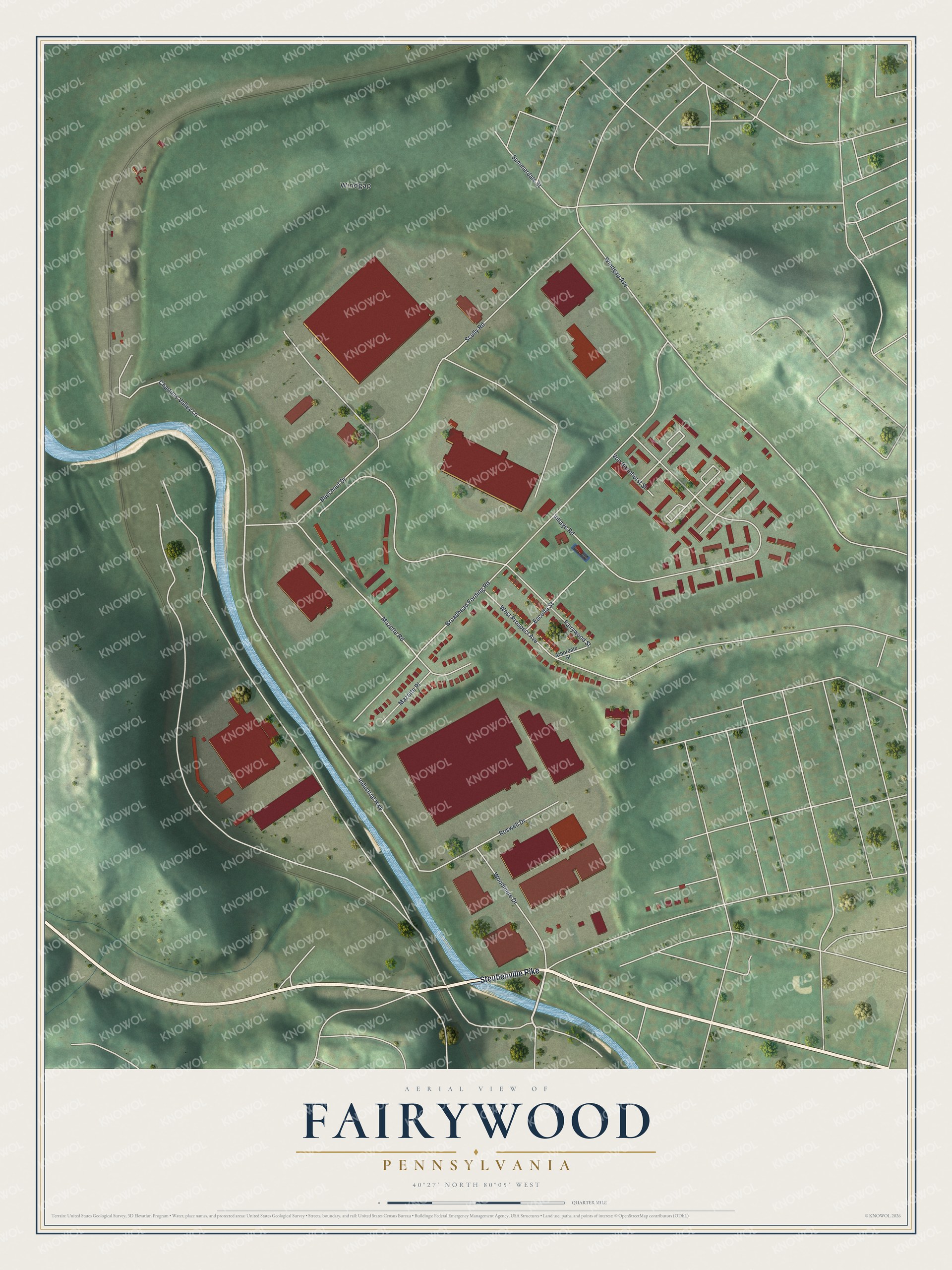 Full map of Fairywood, Pennsylvania, with red buildings, printed street names and the land around them