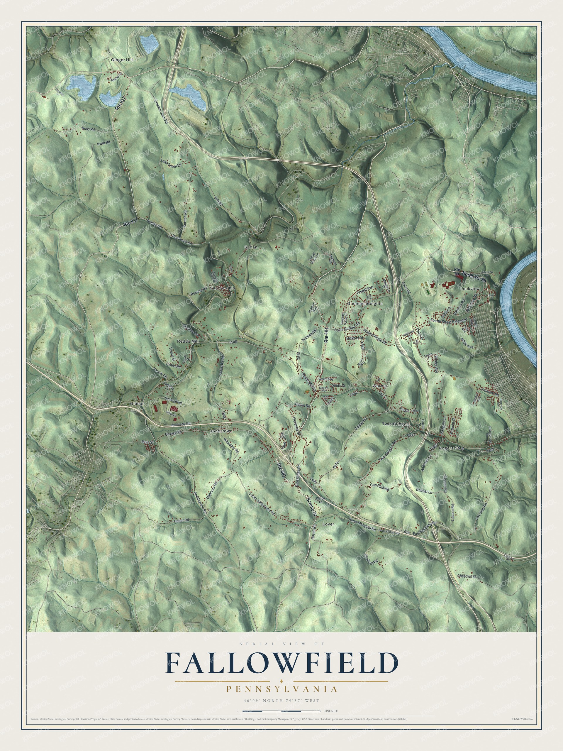 Map of Fallowfield Township in shaded green hills with Jonestown, Ginger Hill and Lover, and the Monongahela River along the right edge