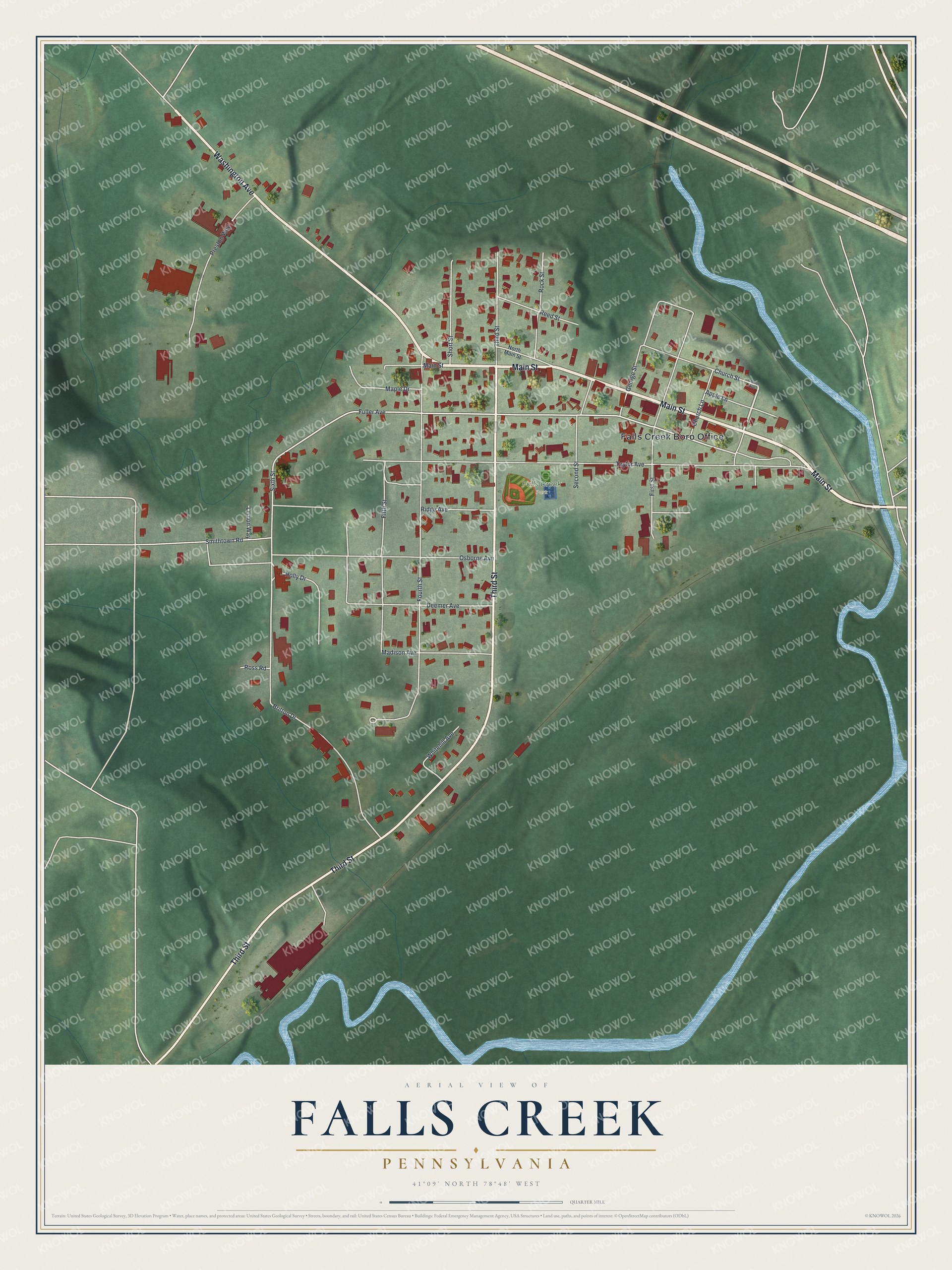 Full map of Falls Creek, Pennsylvania, with red buildings, printed street names and the land around them