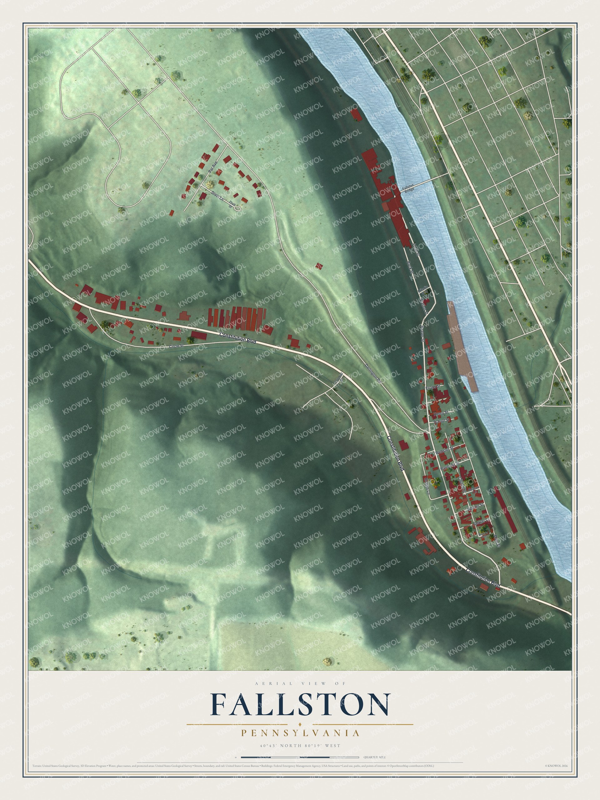 Full map of Fallston, Pennsylvania, with red buildings, printed street names and the land around them