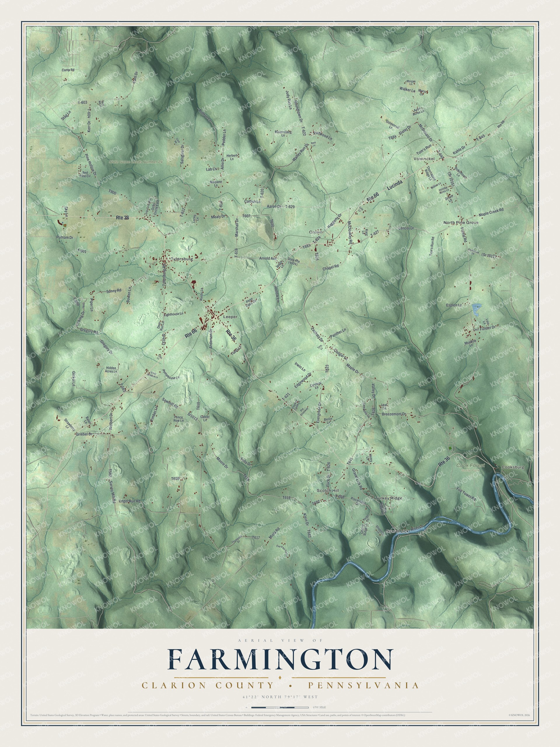 Full map of Farmington, Clarion County, Pennsylvania, with red buildings, printed street names and the land around them