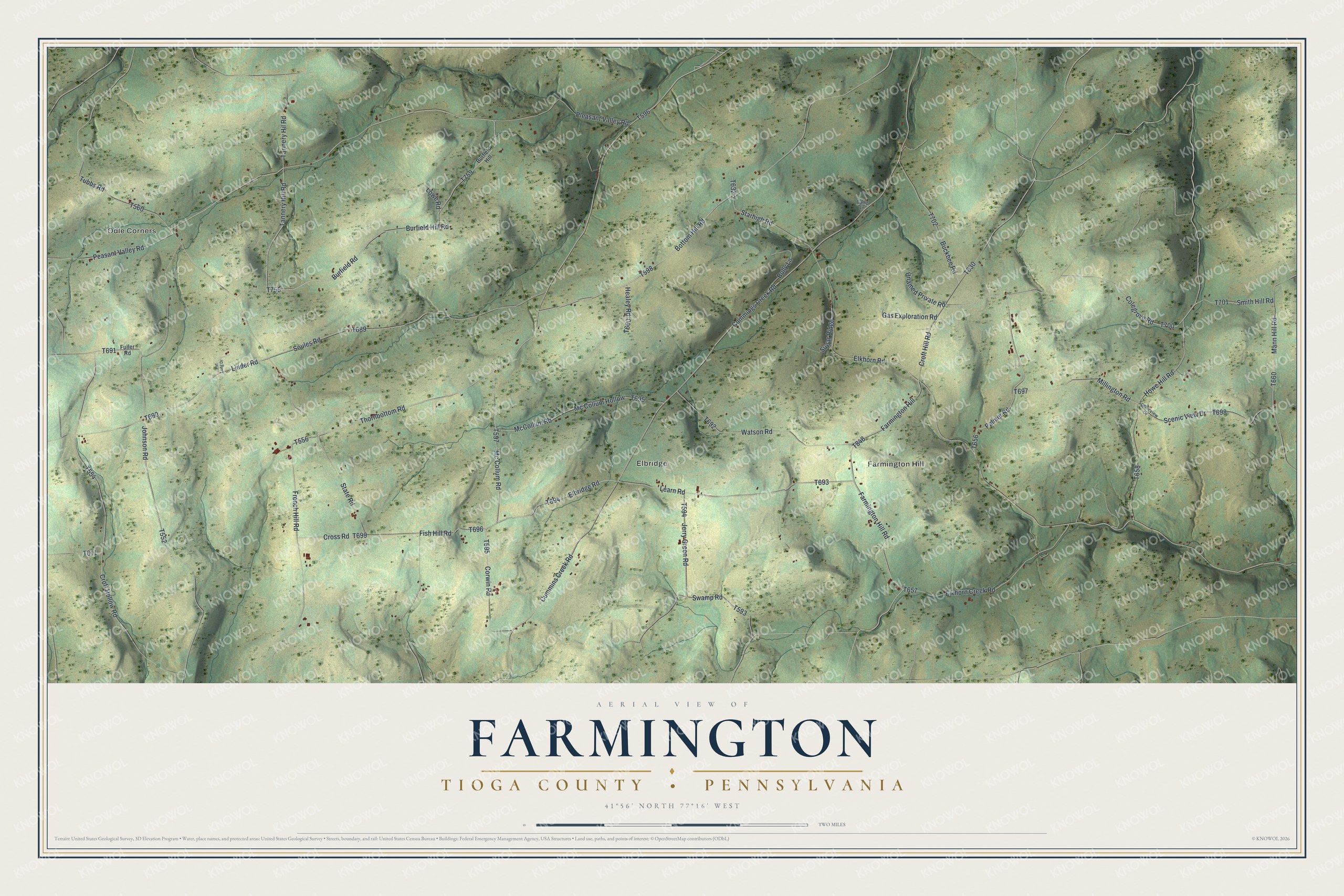 Full map of Farmington, Tioga County, Pennsylvania, with red buildings, printed street names and the land around them