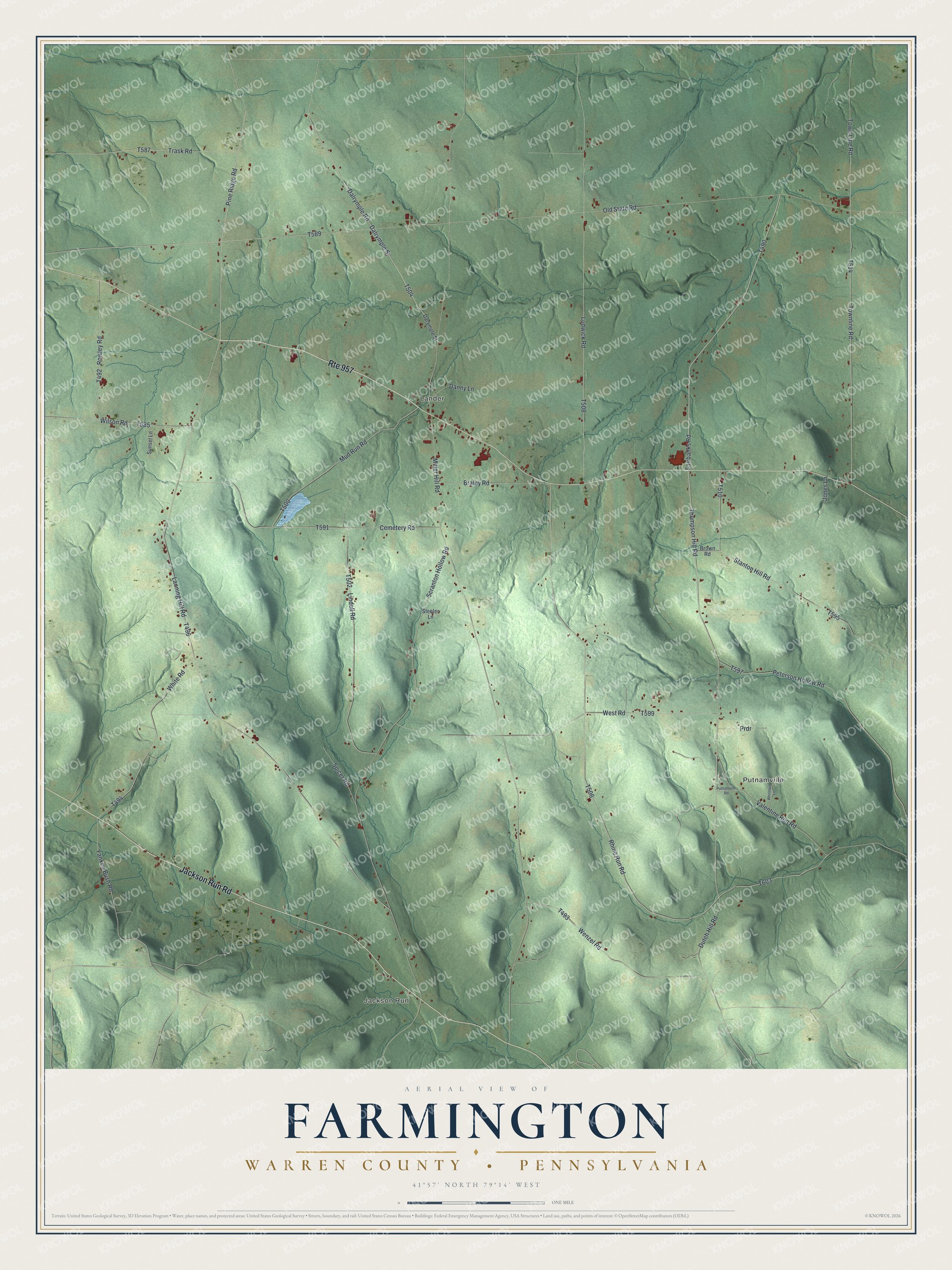 Full map of Farmington, Warren County, Pennsylvania, with red buildings, printed street names and the land around them