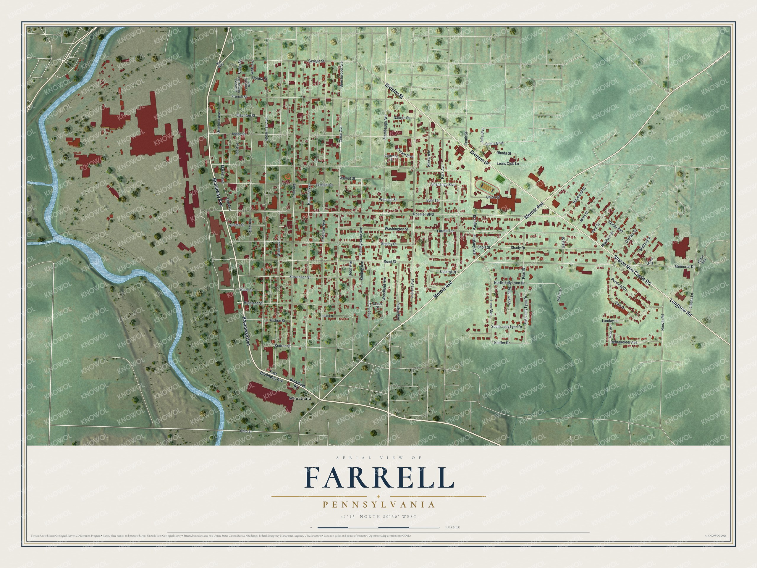 Full map of Farrell, Pennsylvania, with red buildings, printed street names and the land around them