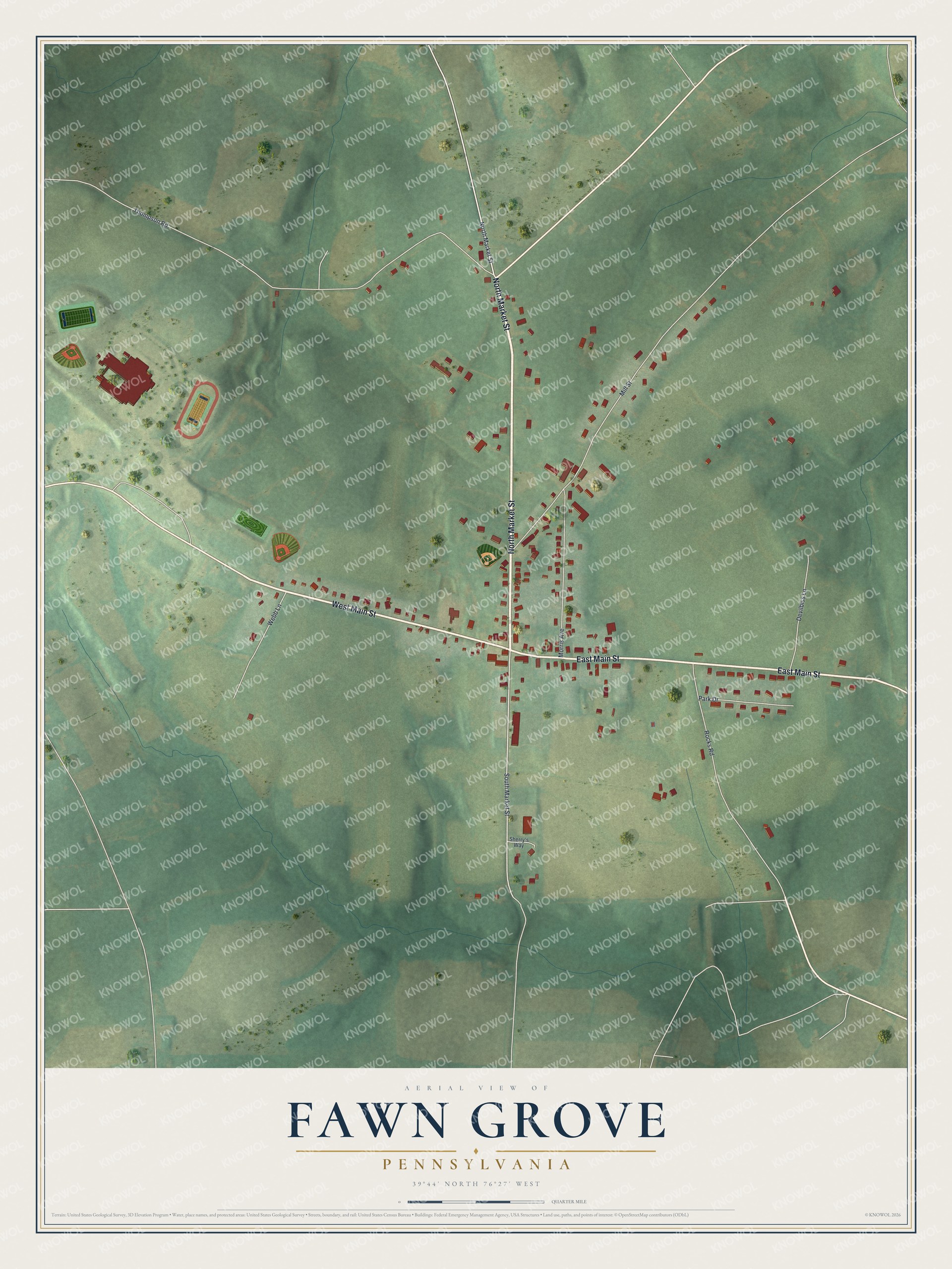 Full map of Fawn Grove, Pennsylvania, with red buildings, printed street names and the land around them