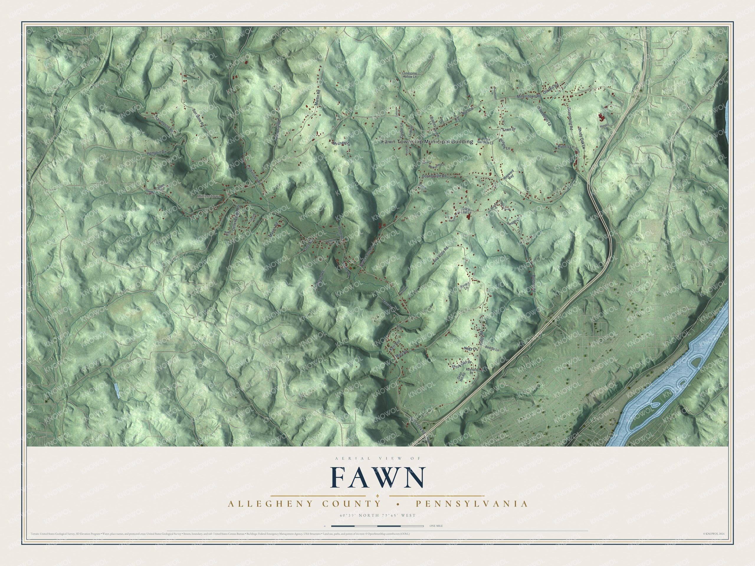 Full map of Fawn, Allegheny County, Pennsylvania, with red buildings, printed street names and the land around them