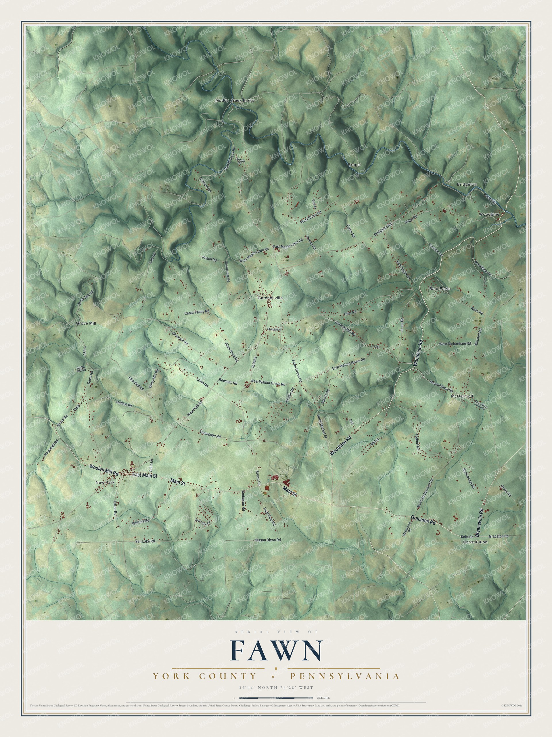 Full map of Fawn, York County, Pennsylvania, with red buildings, printed street names and the land around them