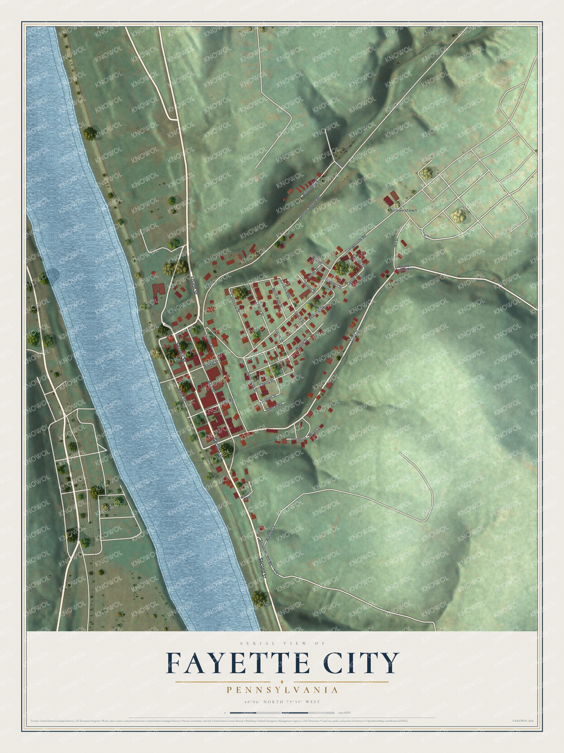 Full map of Fayette City, Pennsylvania, with red buildings, printed street names and the land around them