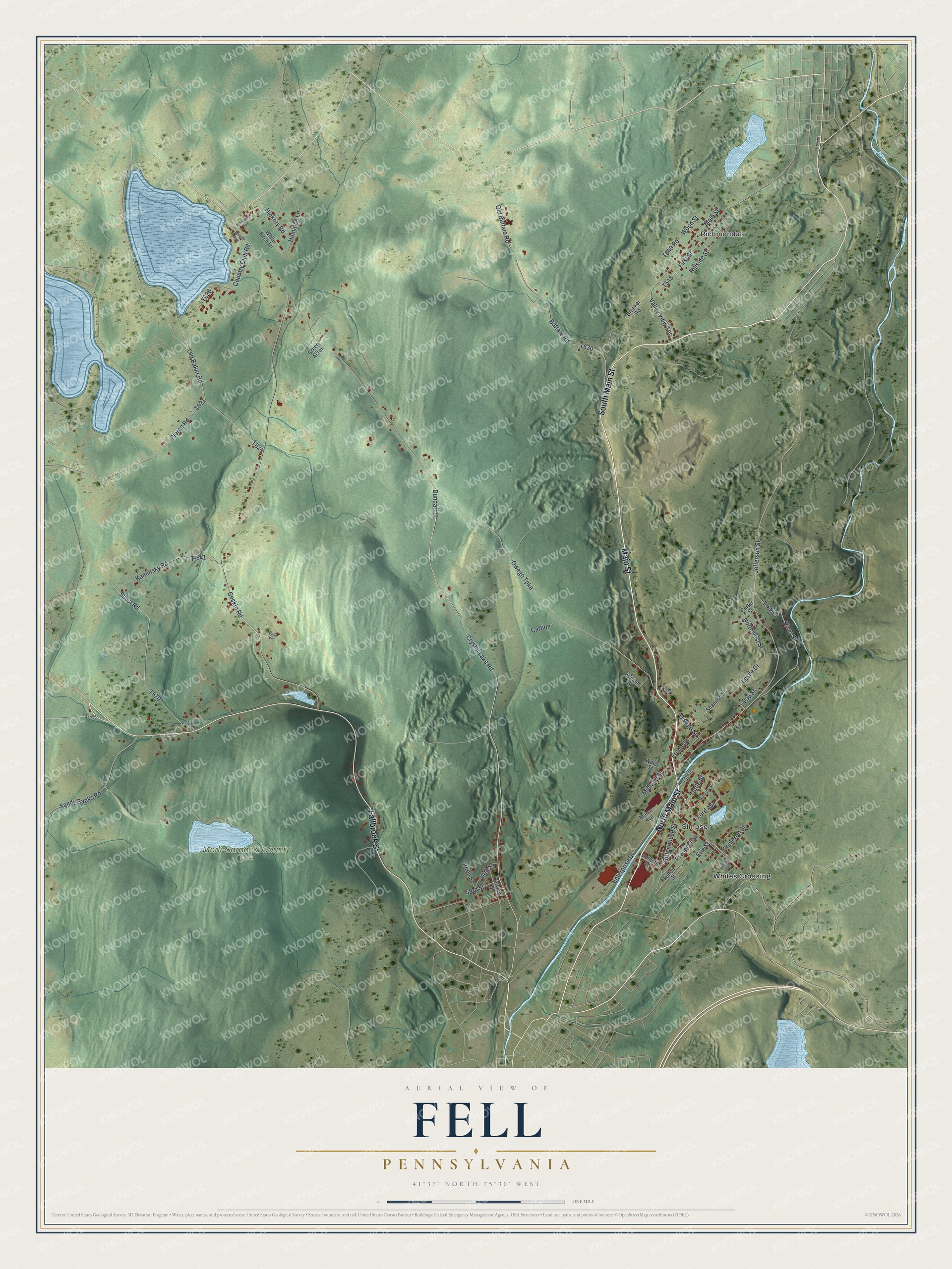 Full map of Fell, Pennsylvania, with red buildings, printed street names and the land around them