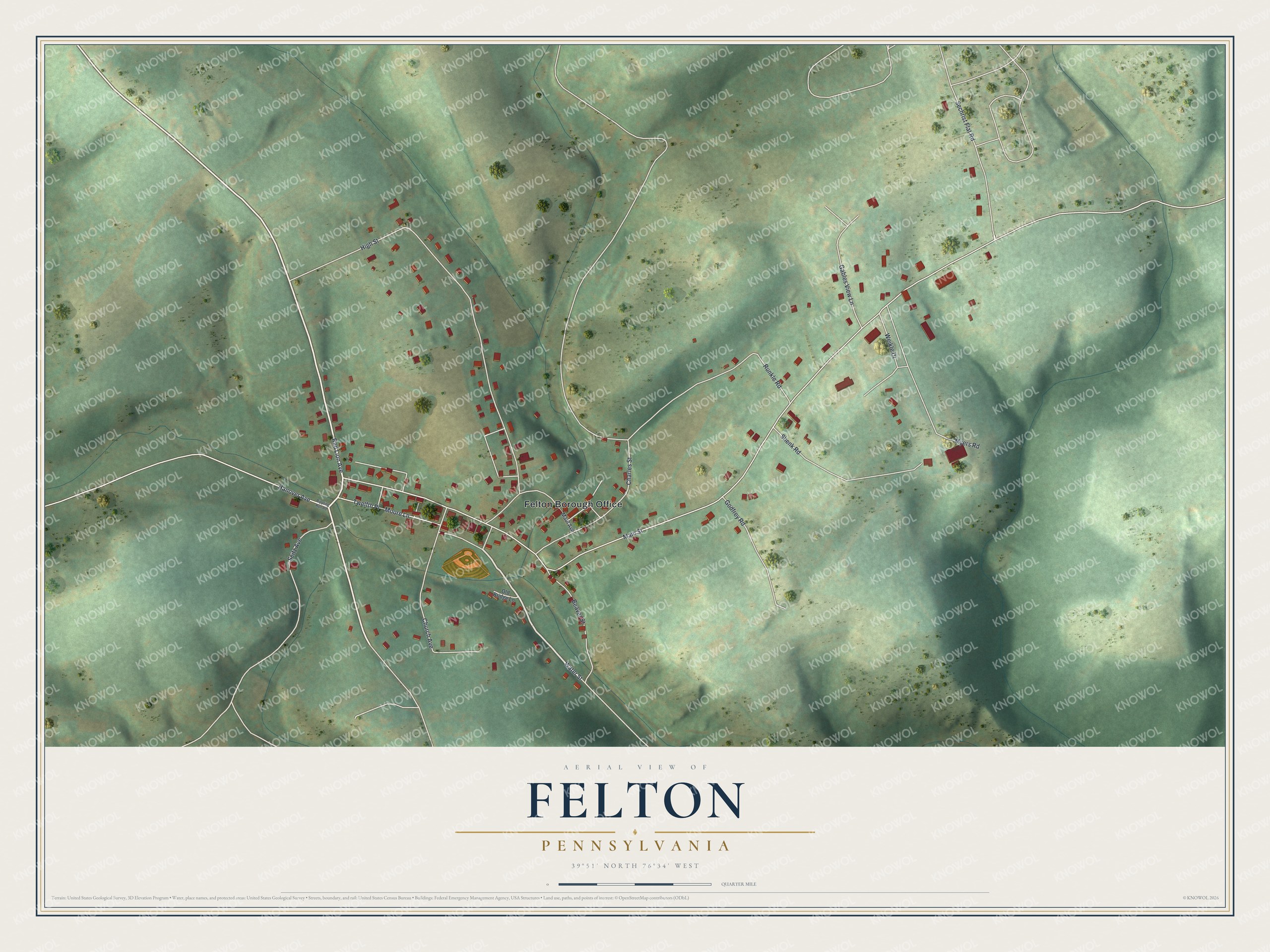 Full map of Felton, Pennsylvania, with red buildings, printed street names and the land around them