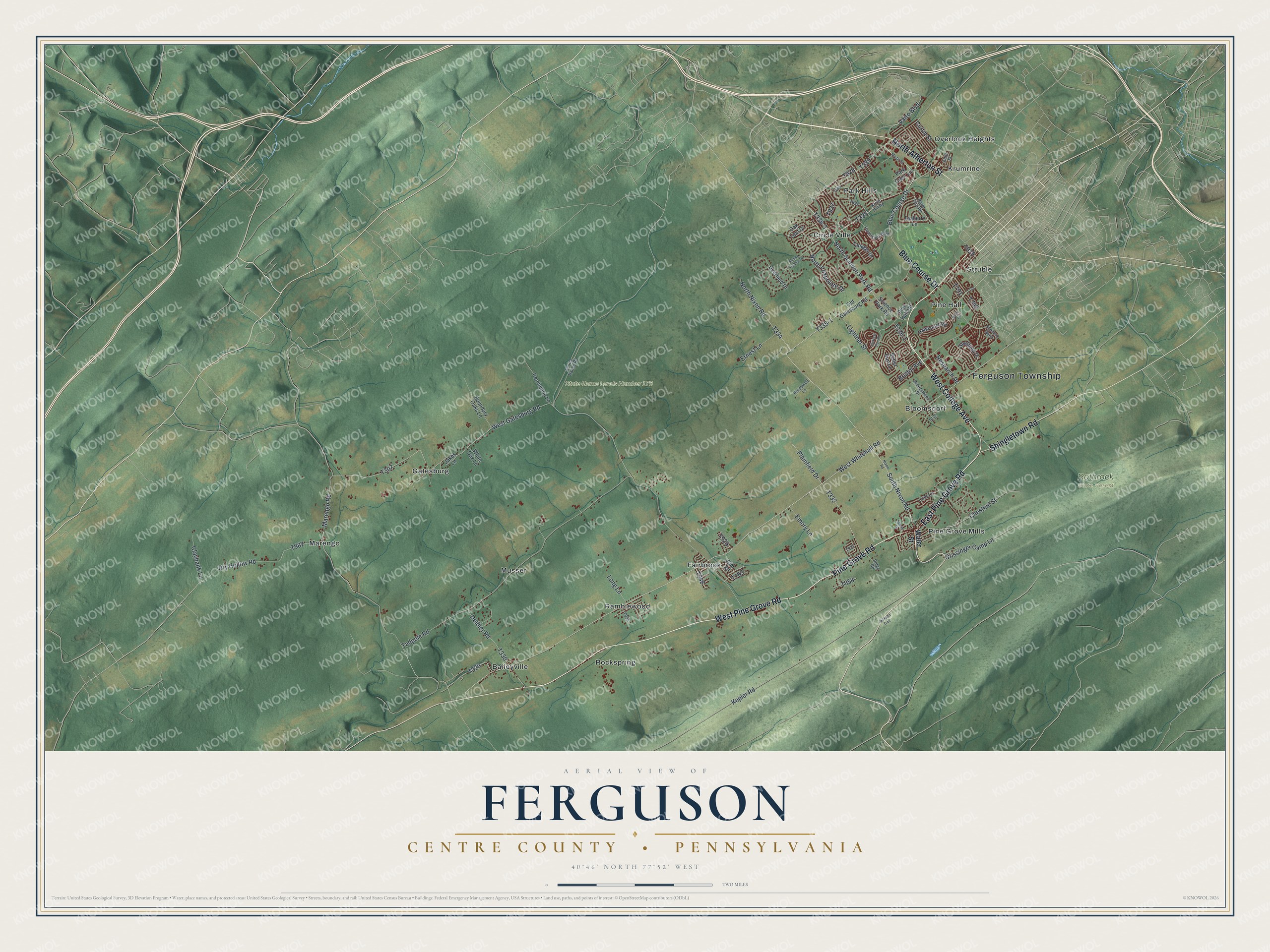 Full map of Ferguson, Centre County, Pennsylvania, with red buildings, printed street names and the land around them