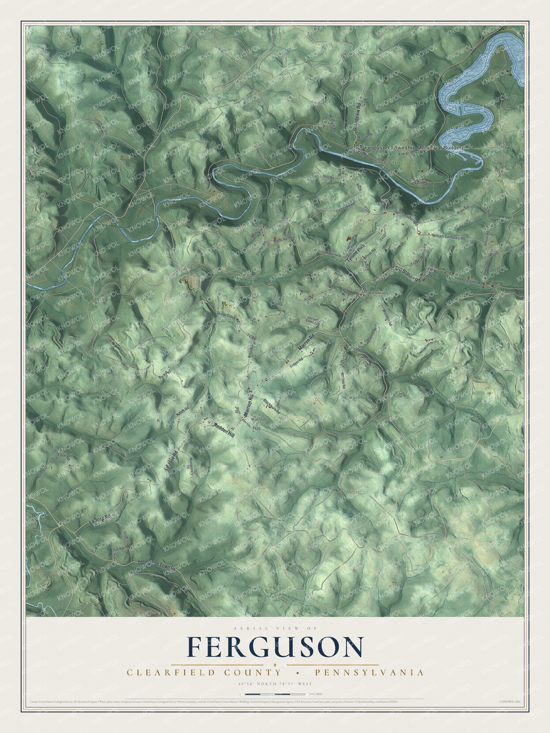 Full map of Ferguson, Clearfield County, Pennsylvania, with red buildings, printed street names and the land around them