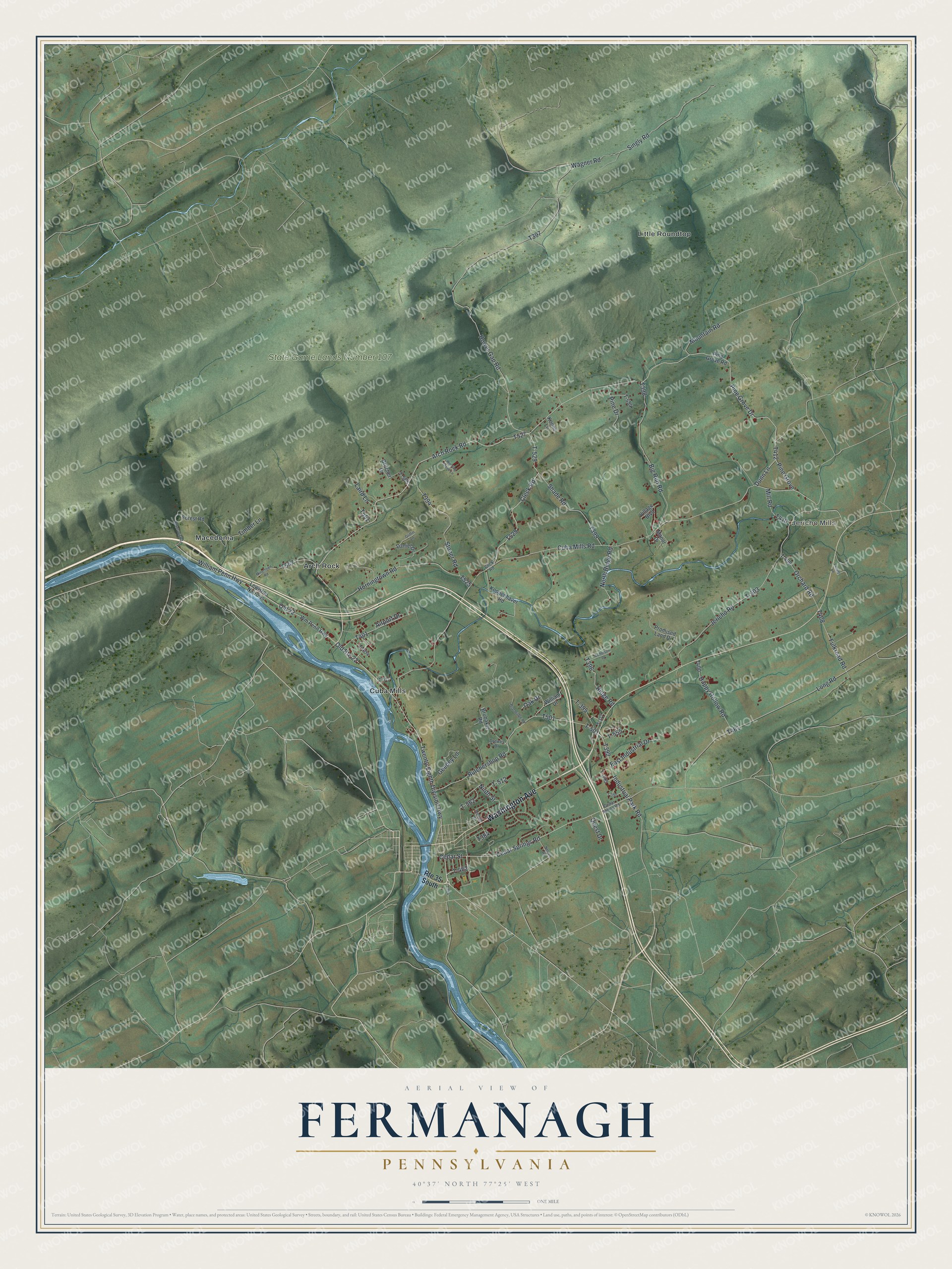 Full map of Fermanagh, Pennsylvania, with red buildings, printed street names and the land around them