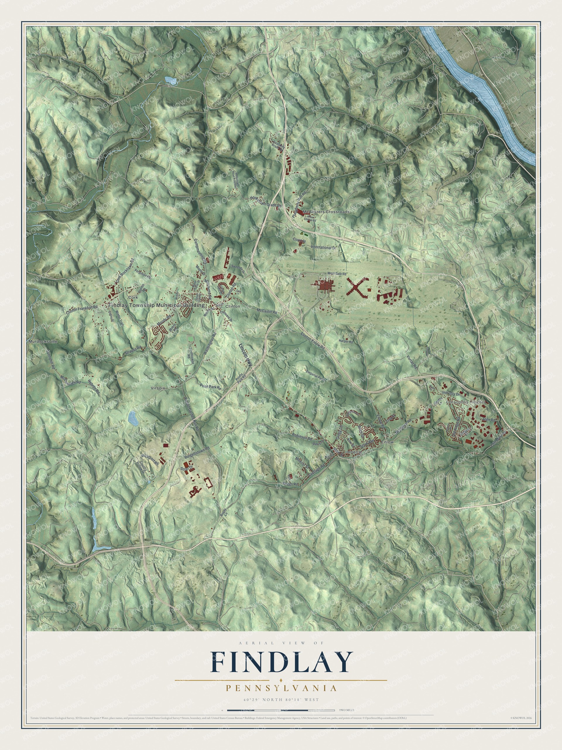 Full map of Findlay, Pennsylvania, with red buildings, printed street names and the land around them