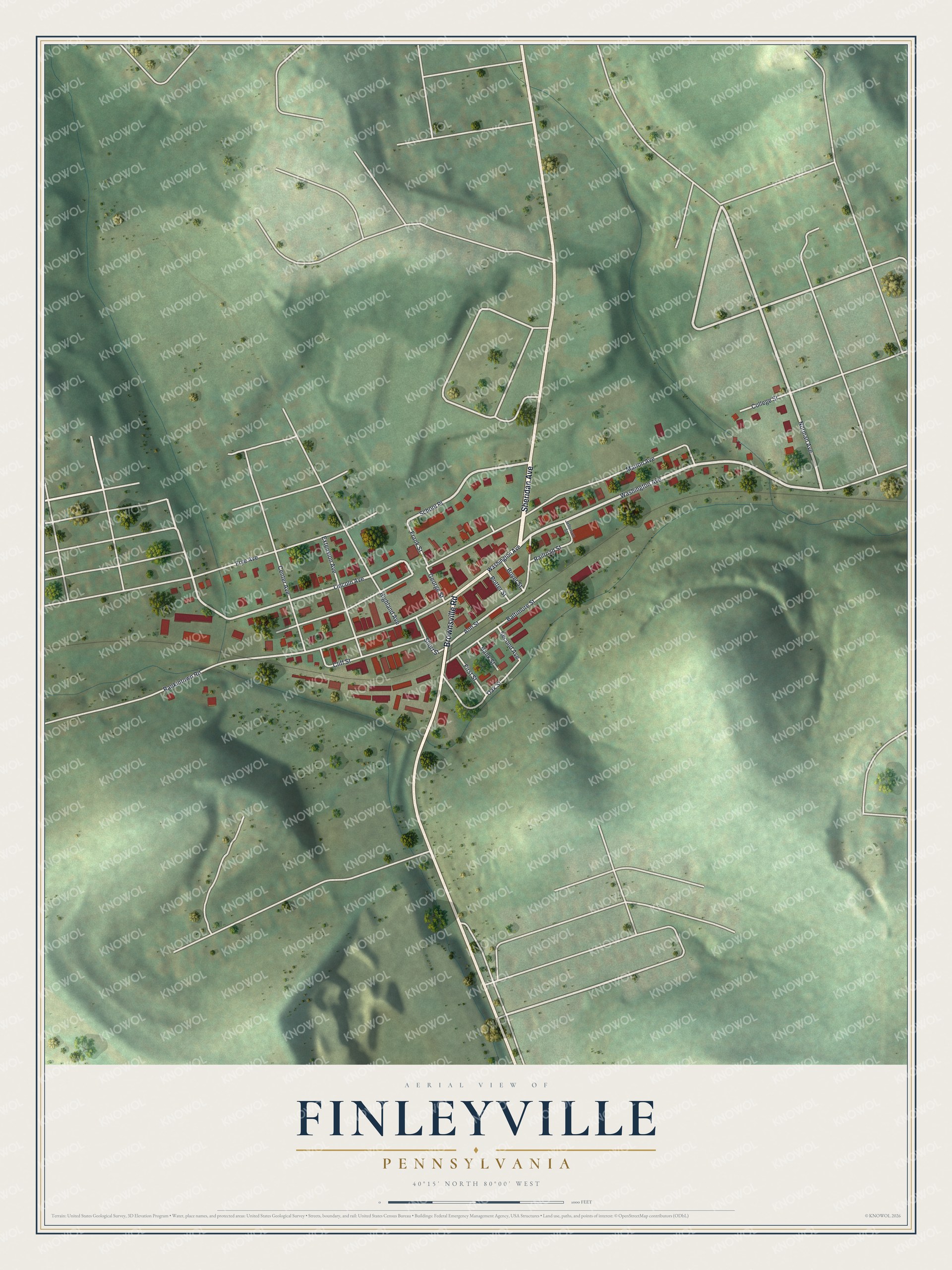 Full map of Finleyville, Pennsylvania, with red buildings, printed street names and the land around them