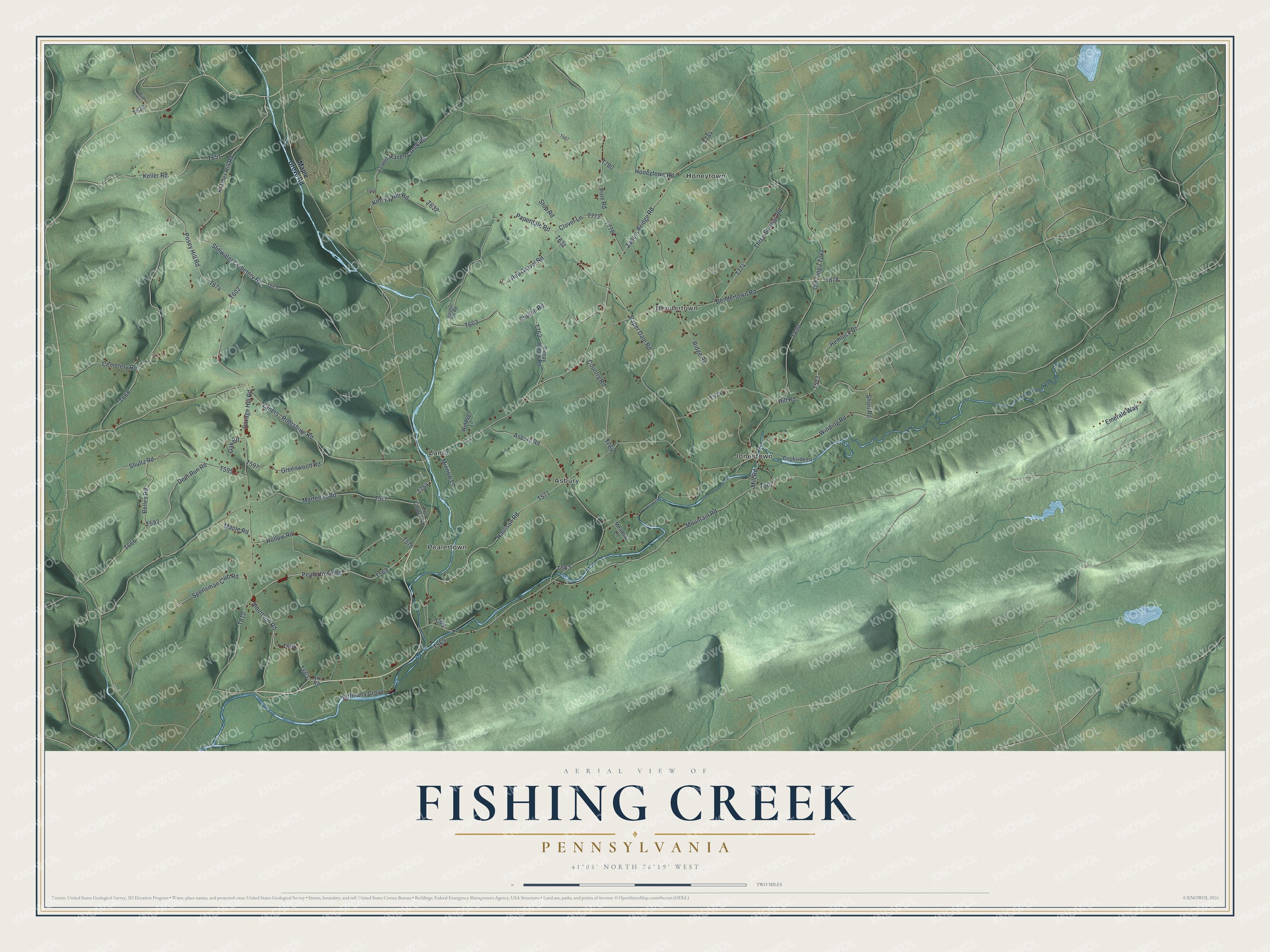 Full map of Fishing Creek, Pennsylvania, with red buildings, printed street names and the land around them