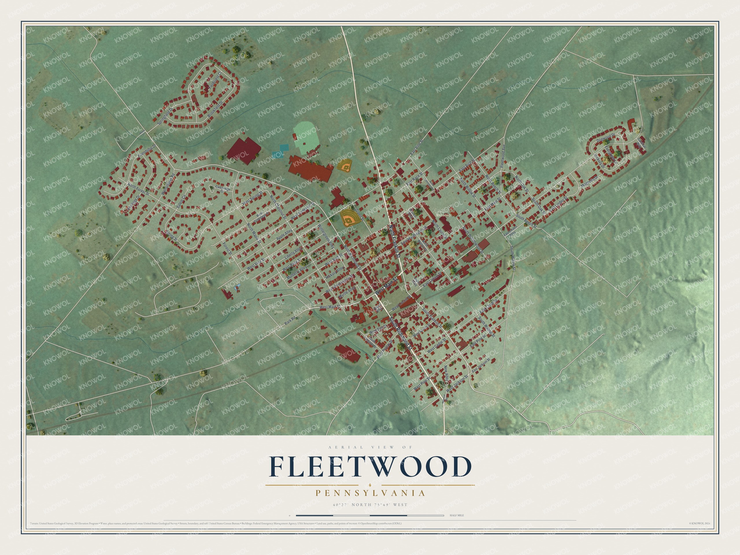 Full map of Fleetwood, Pennsylvania, with red buildings, printed street names and the land around them