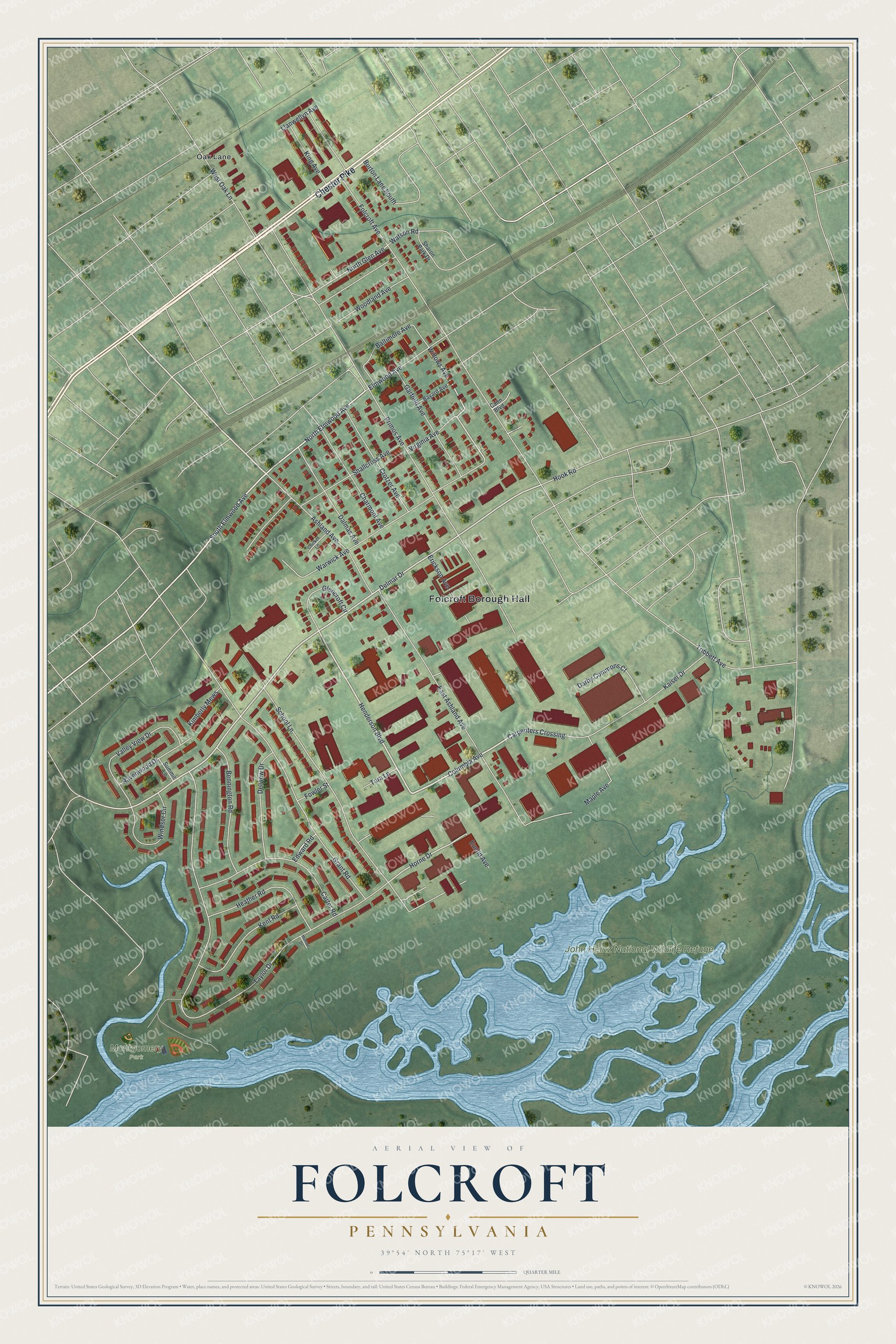 Aerial-style map of Folcroft, Pennsylvania with red buildings on green land and blue marsh channels along the bottom
