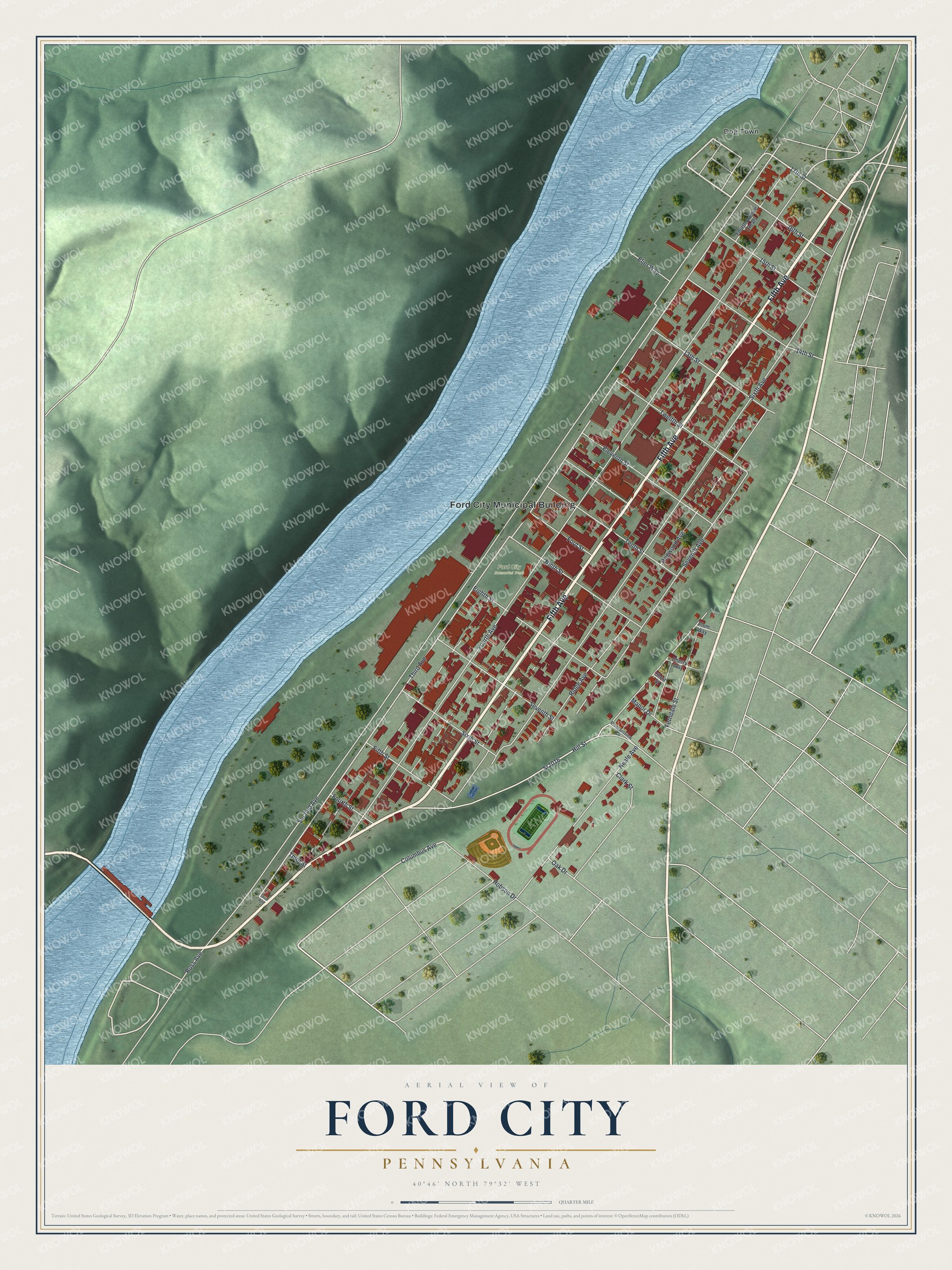 Full map of Ford City, Pennsylvania, with red buildings, printed street names and the land around them