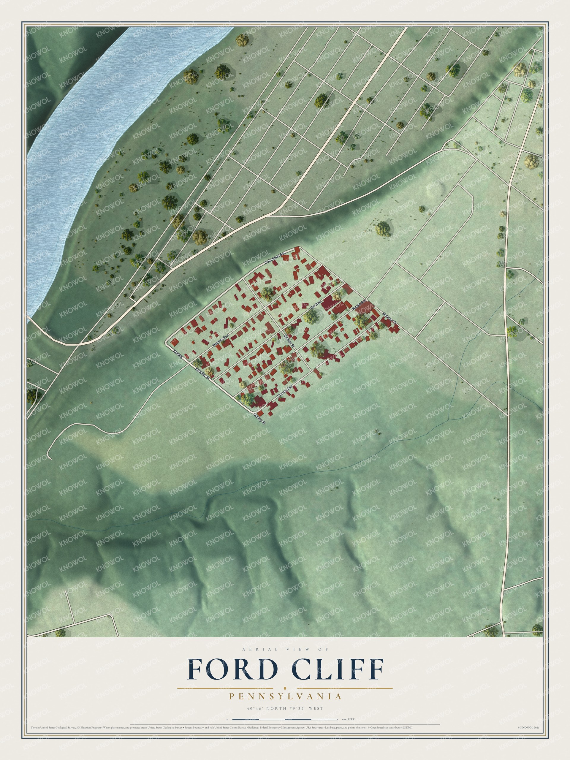 Full map of Ford Cliff, Pennsylvania, with red buildings, printed street names and the land around them