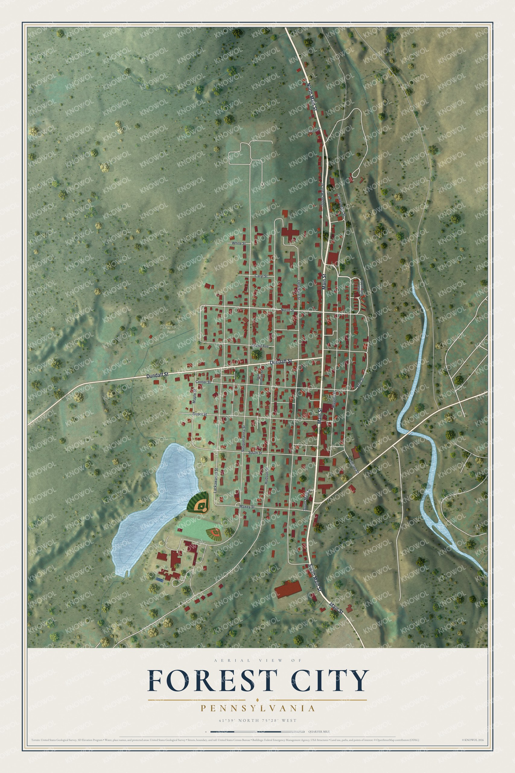 Full map of Forest City, Pennsylvania, with red buildings, printed street names and the land around them