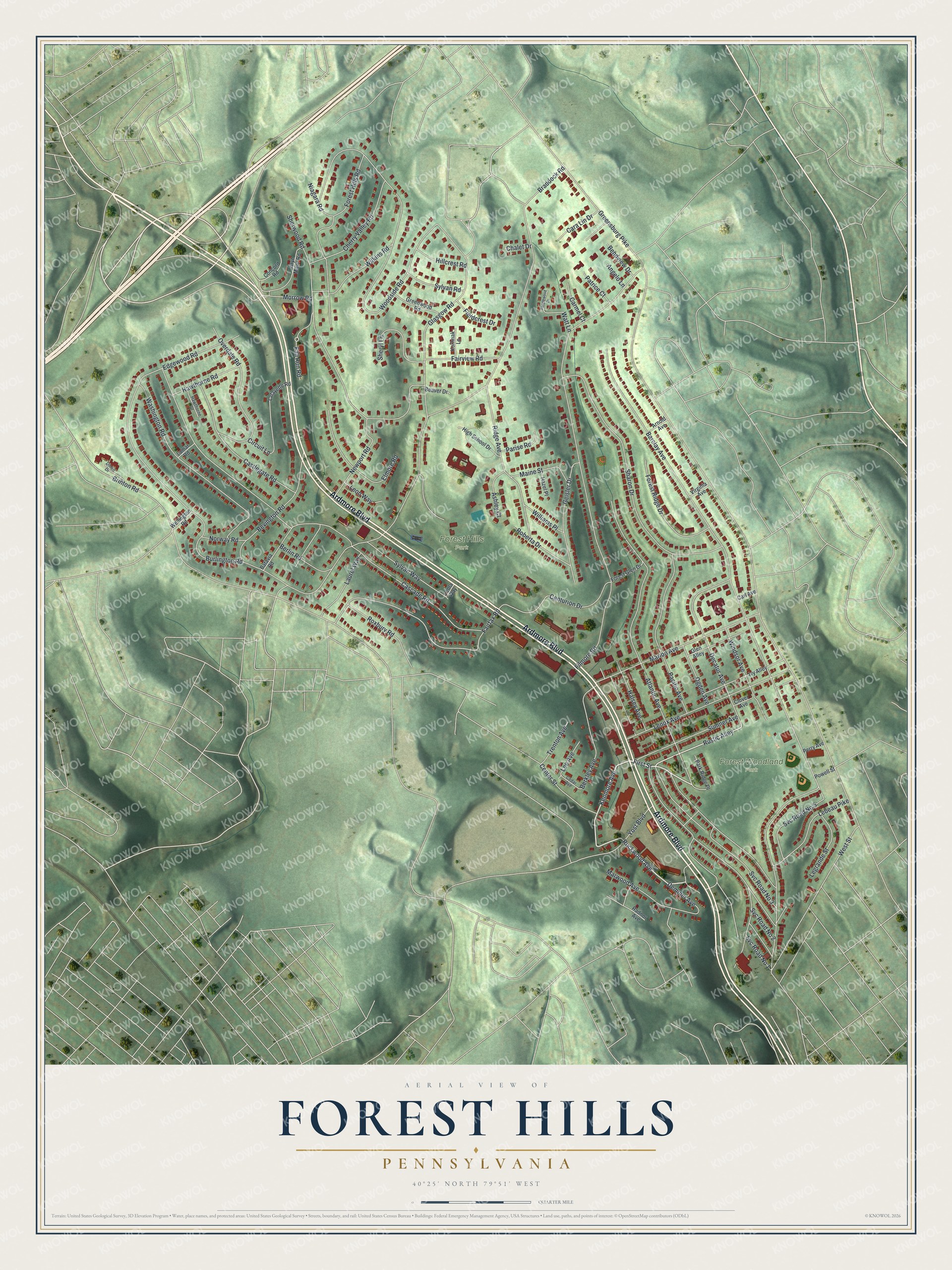 Full map of Forest Hills, Pennsylvania, with red buildings, printed street names and the land around them