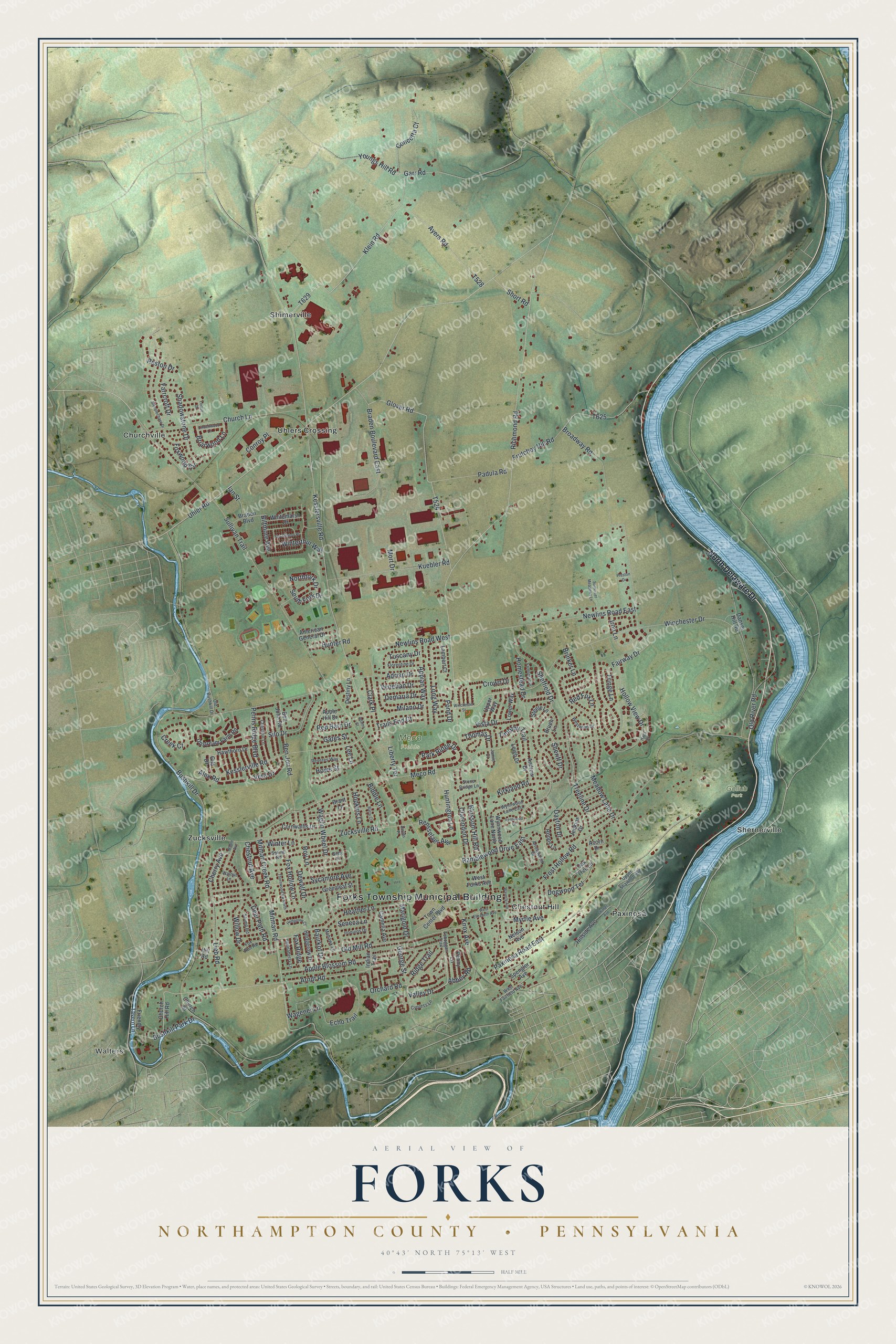 Full map of Forks, Northampton County, Pennsylvania, with red buildings, printed street names and the land around them
