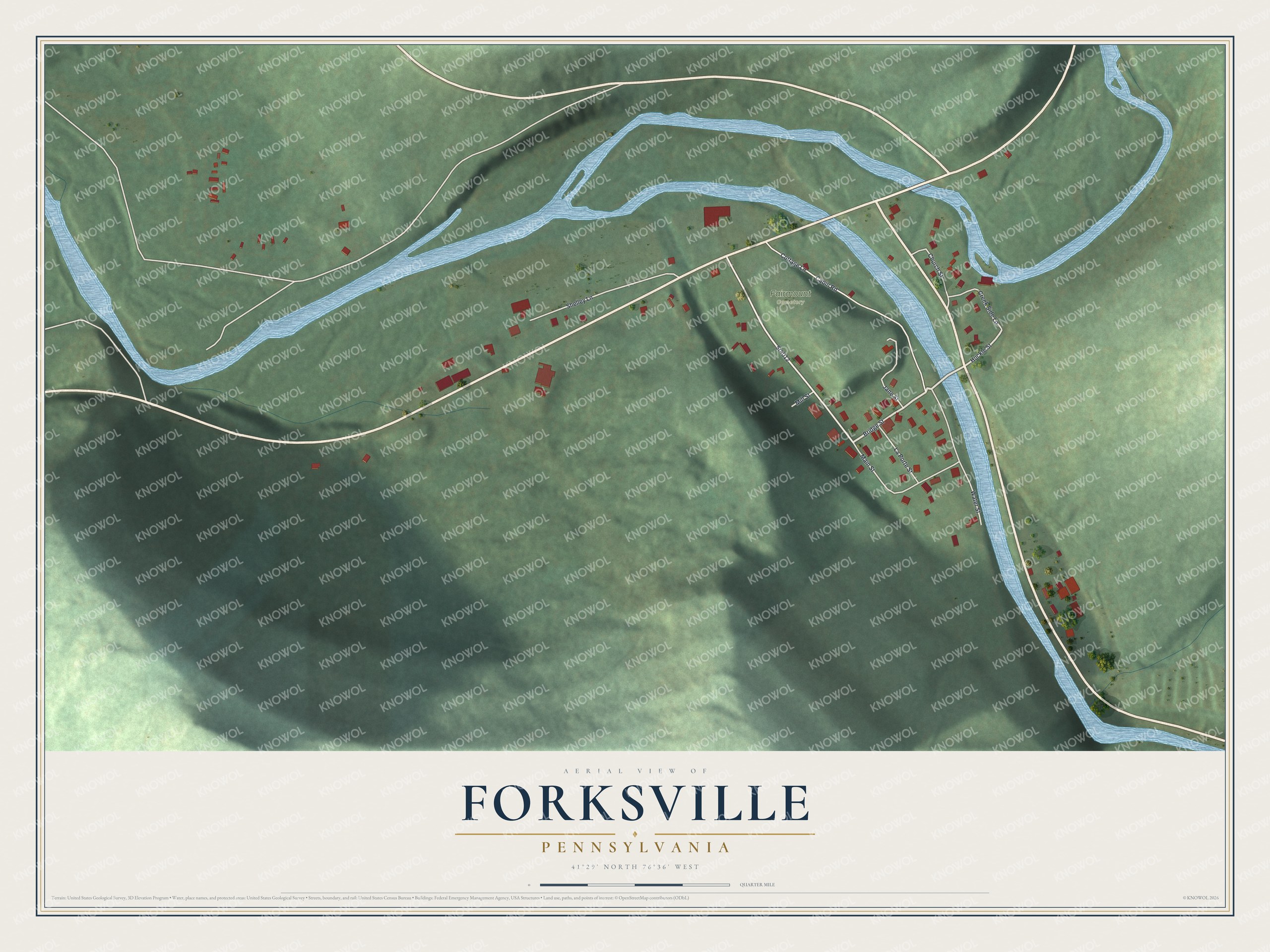 Full map of Forksville, Pennsylvania, with red buildings, printed street names and the land around them