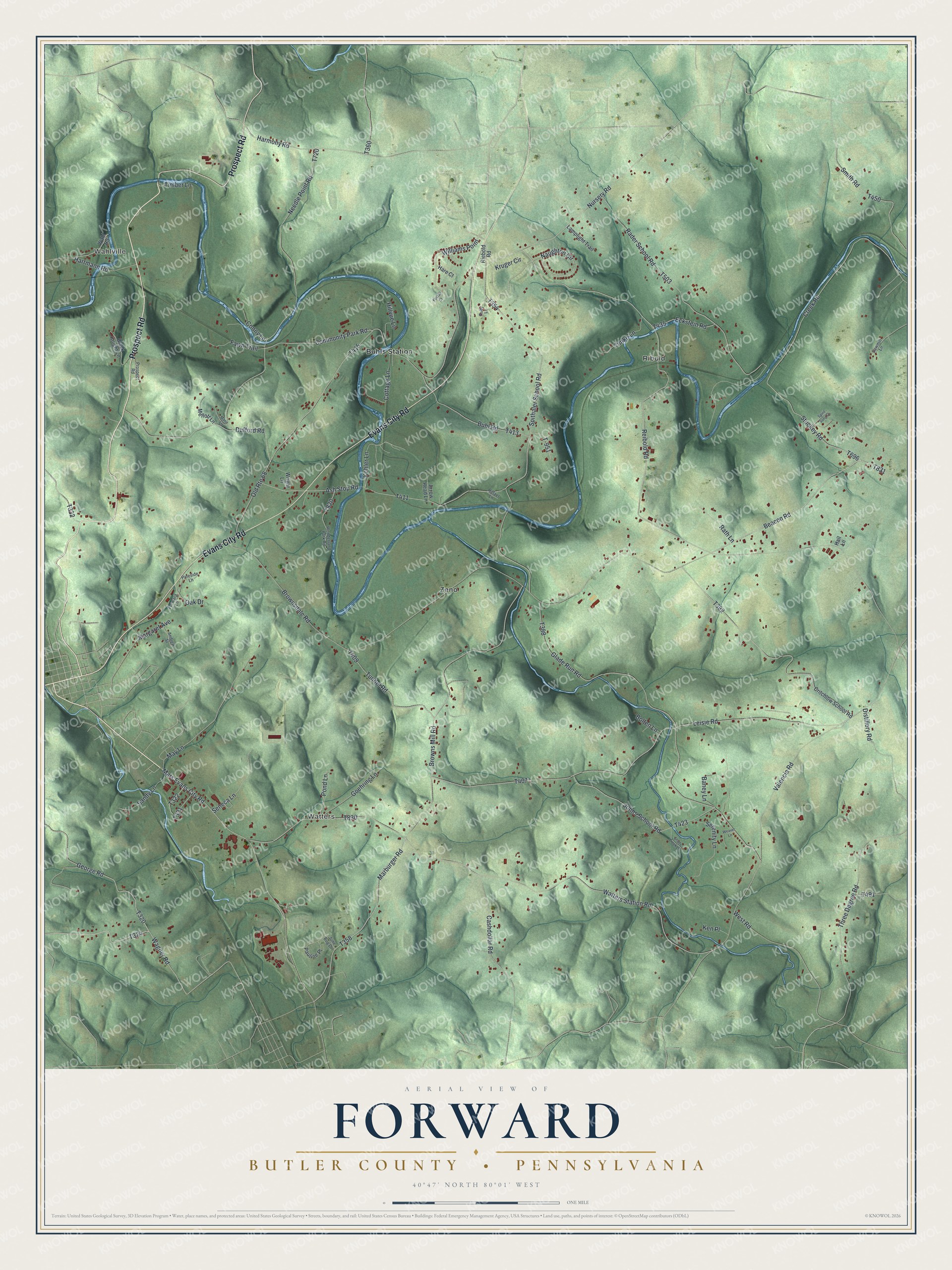 Full map of Forward, Butler County, Pennsylvania, with red buildings, printed street names and the land around them