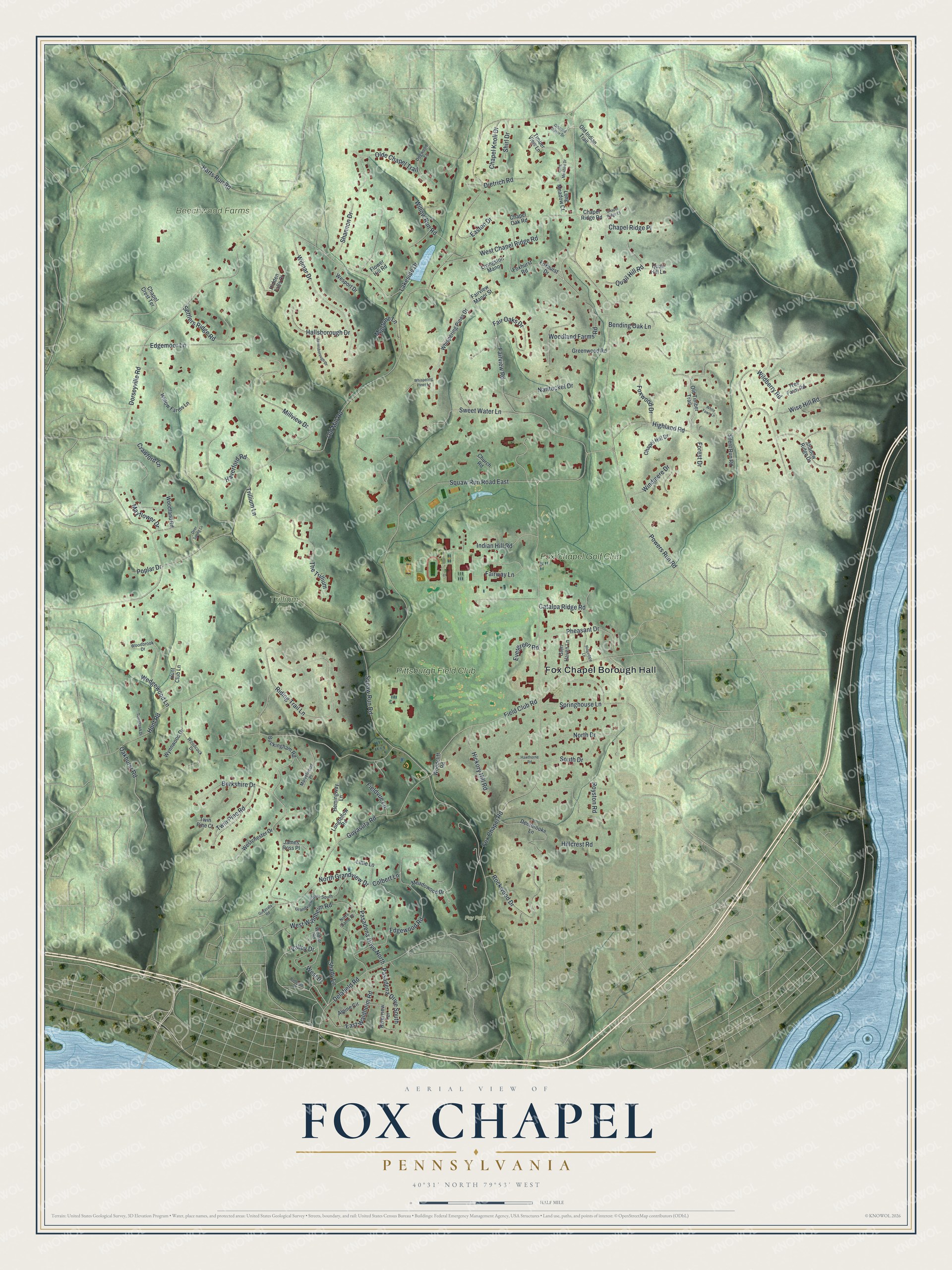 Full map of Fox Chapel, Pennsylvania, with red buildings, printed street names and the land around them