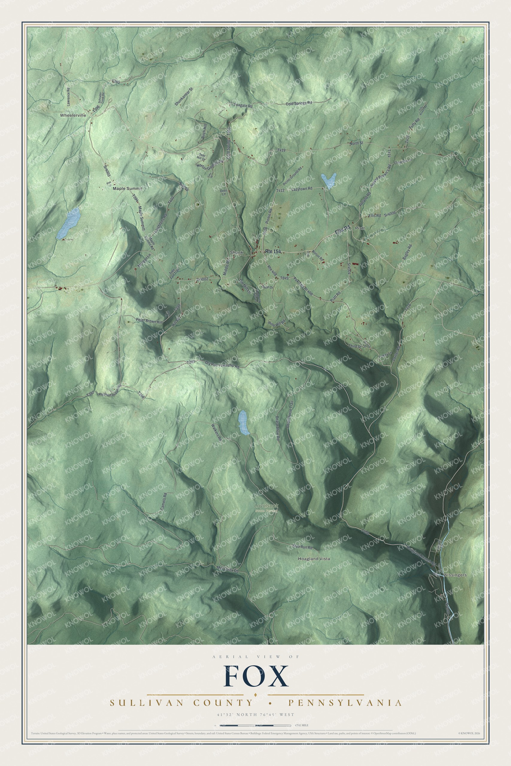 Full map of Fox, Sullivan County, Pennsylvania, with red buildings, printed street names and the land around them