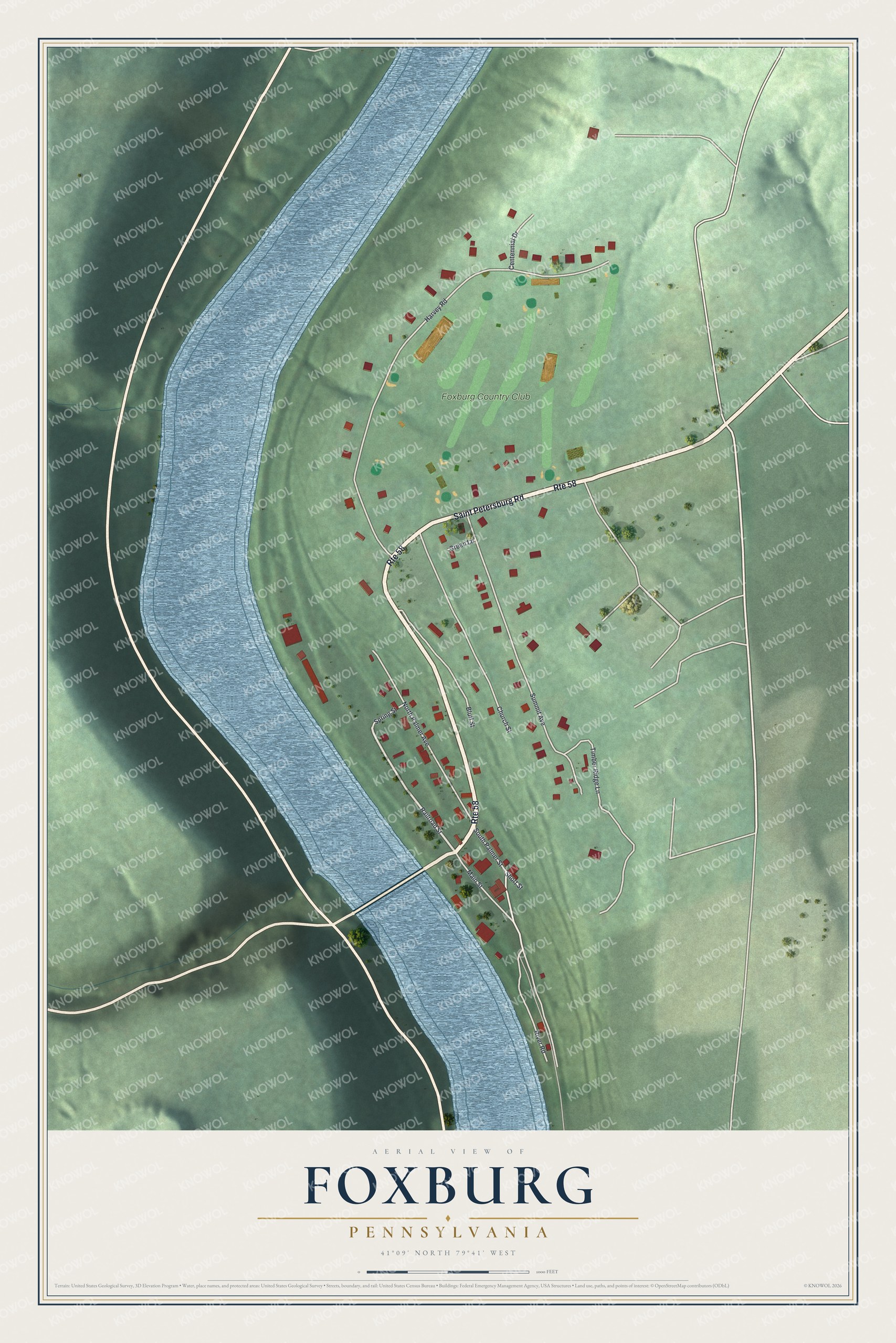 Full map of Foxburg, Pennsylvania, with red buildings, printed street names and the land around them