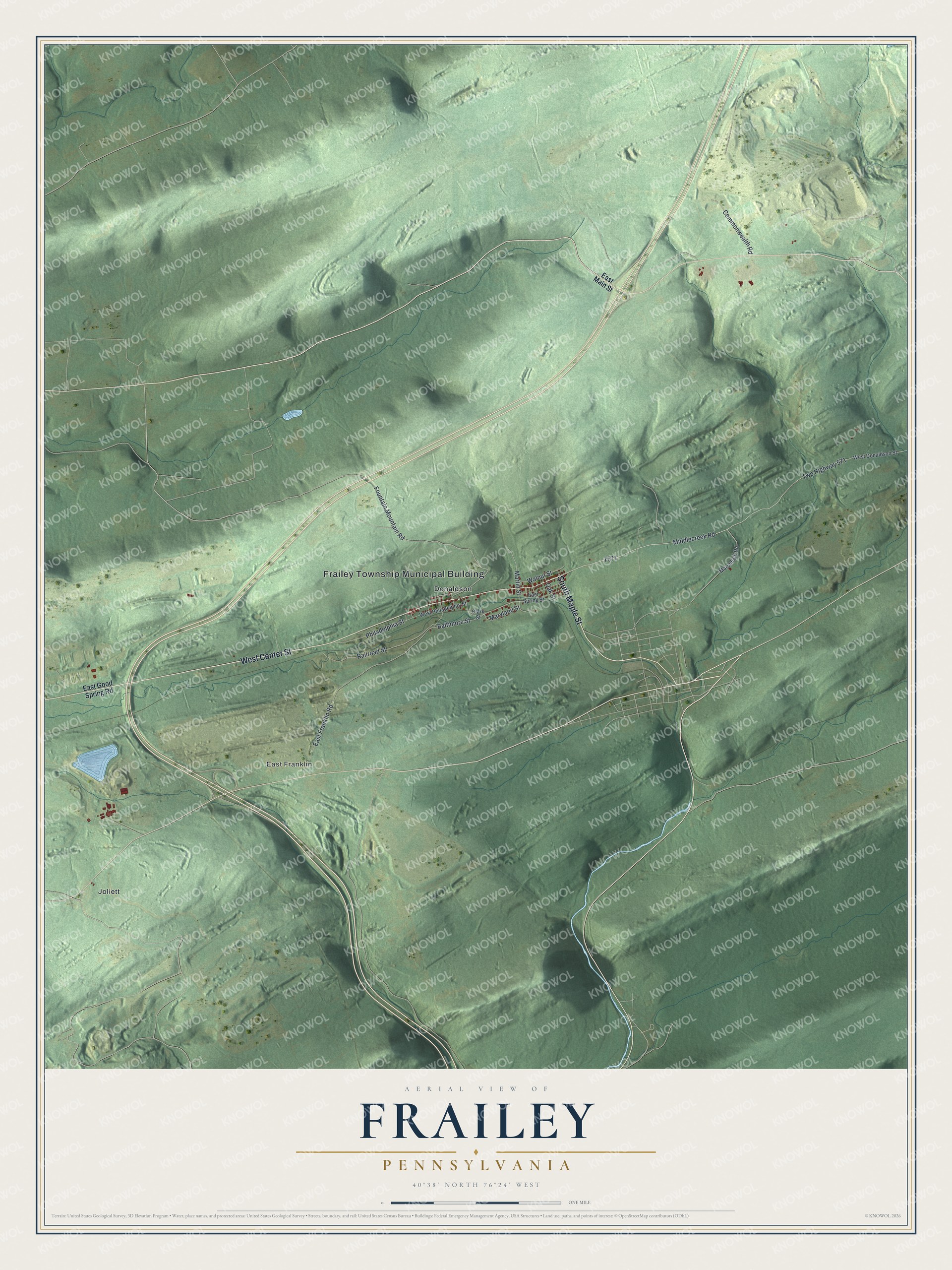 Full map of Frailey, Pennsylvania, with red buildings, printed street names and the land around them