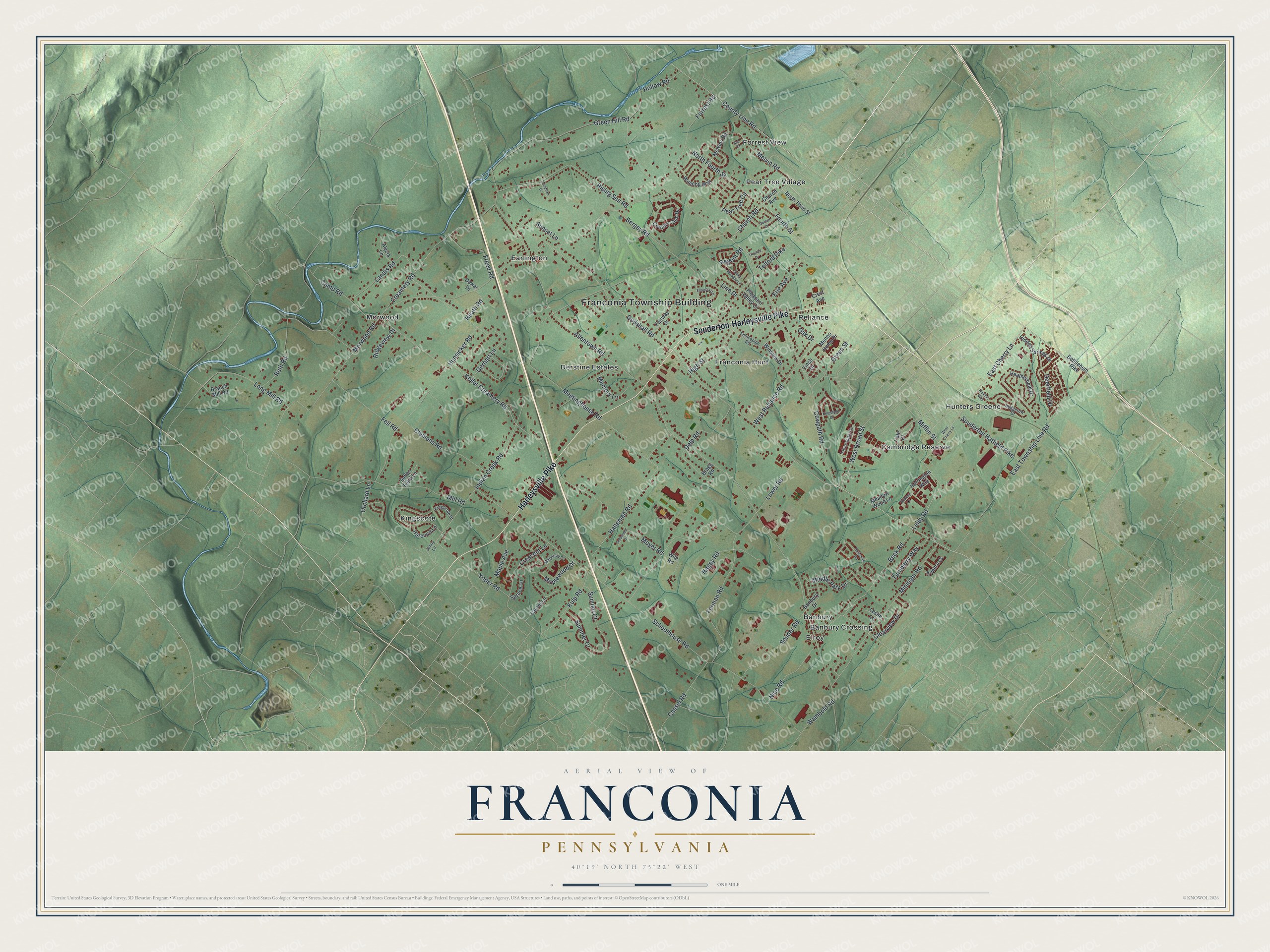 Full map of Franconia, Pennsylvania, with red buildings, printed street names and the land around them