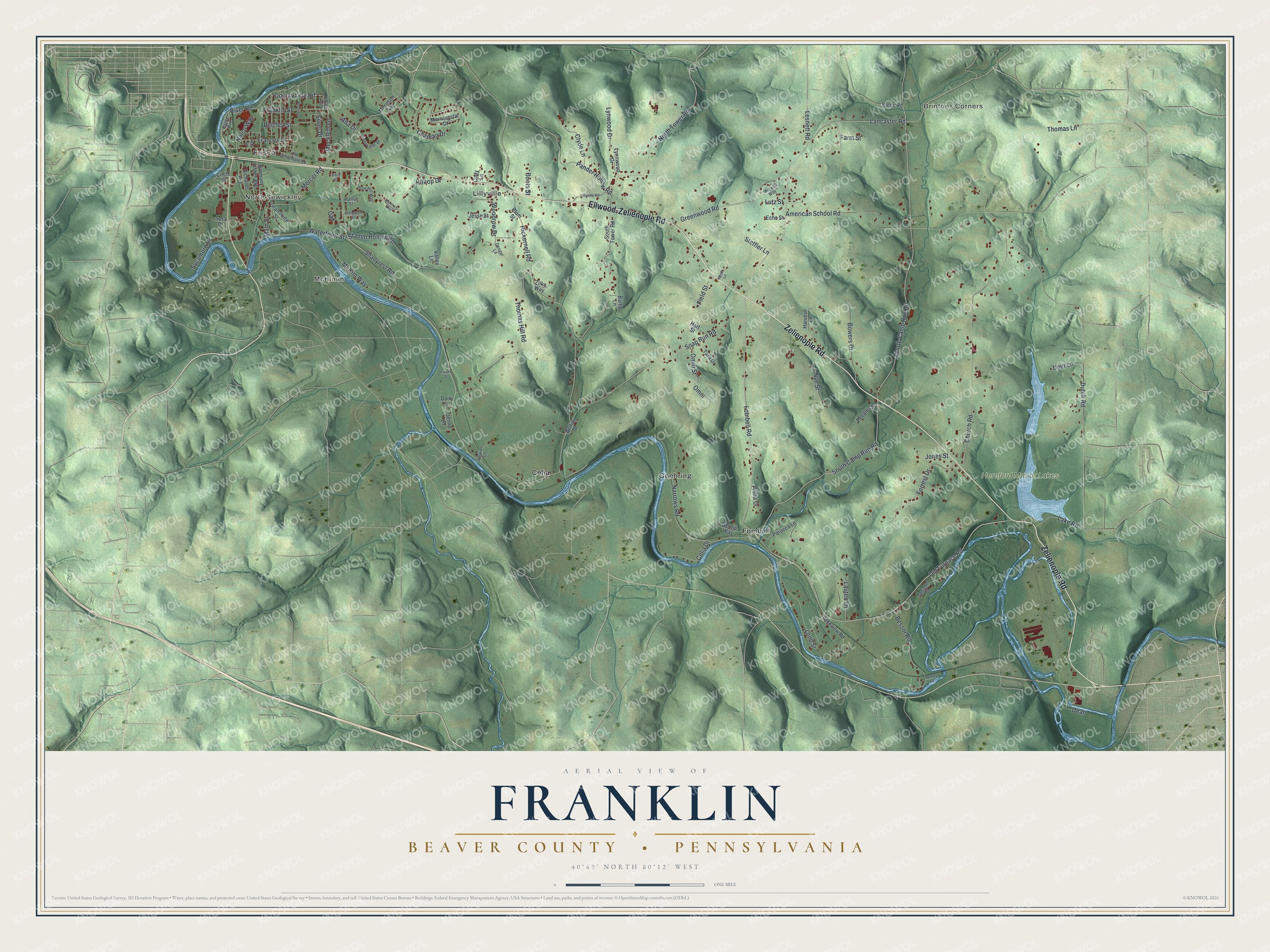 Full map of Franklin, Beaver County, Pennsylvania, with red buildings, printed street names and the land around them