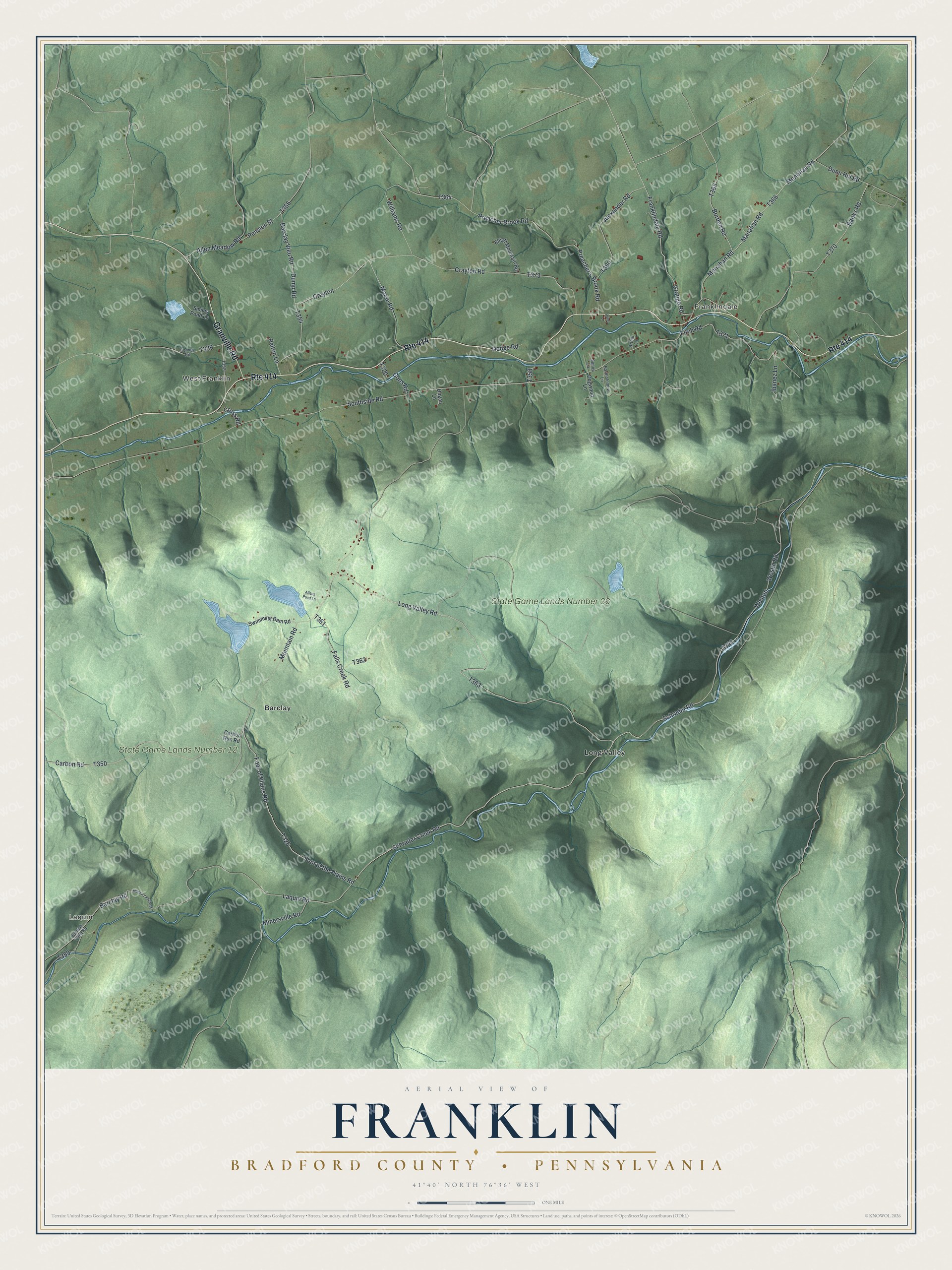 Full map of Franklin, Bradford County, Pennsylvania, with red buildings, printed street names and the land around them