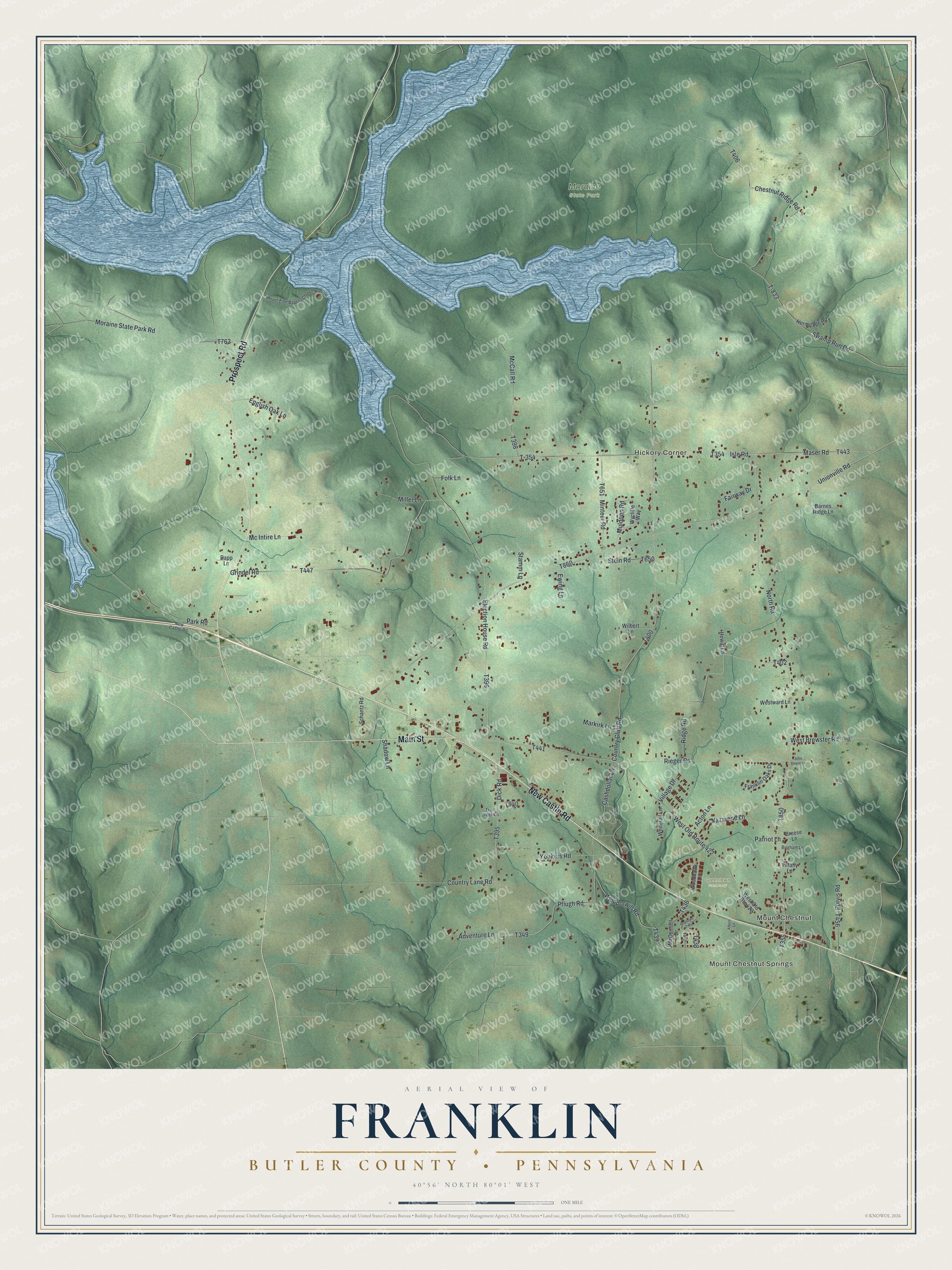 Full map of Franklin, Butler County, Pennsylvania, with red buildings, printed street names and the land around them