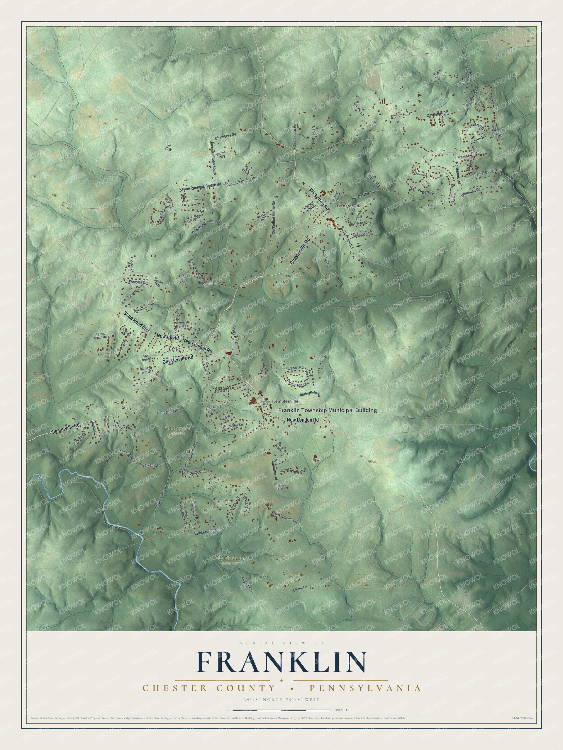 Full map of Franklin, Chester County, Pennsylvania, with red buildings, printed street names and the land around them