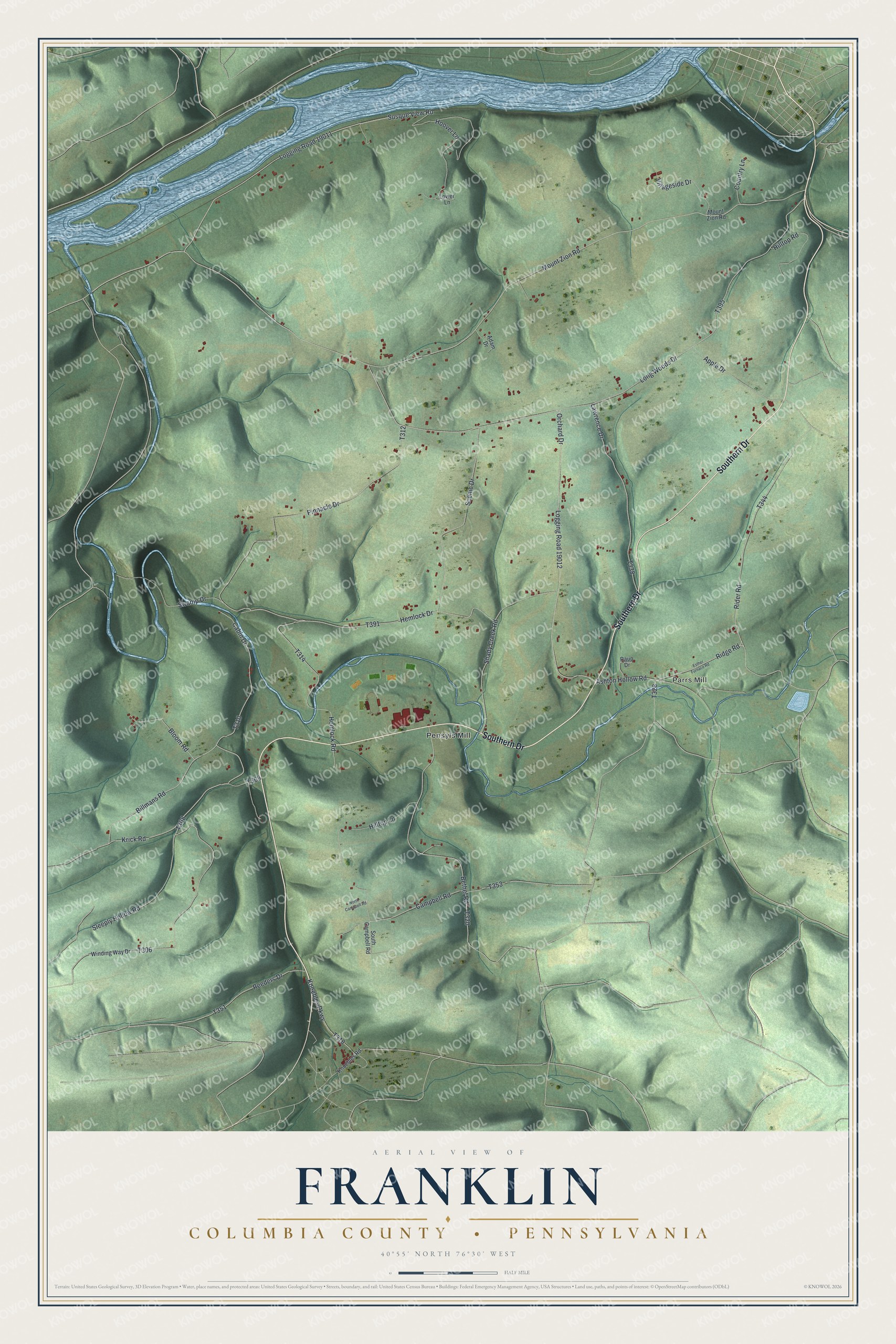 Full map of Franklin, Columbia County, Pennsylvania, with red buildings, printed street names and the land around them