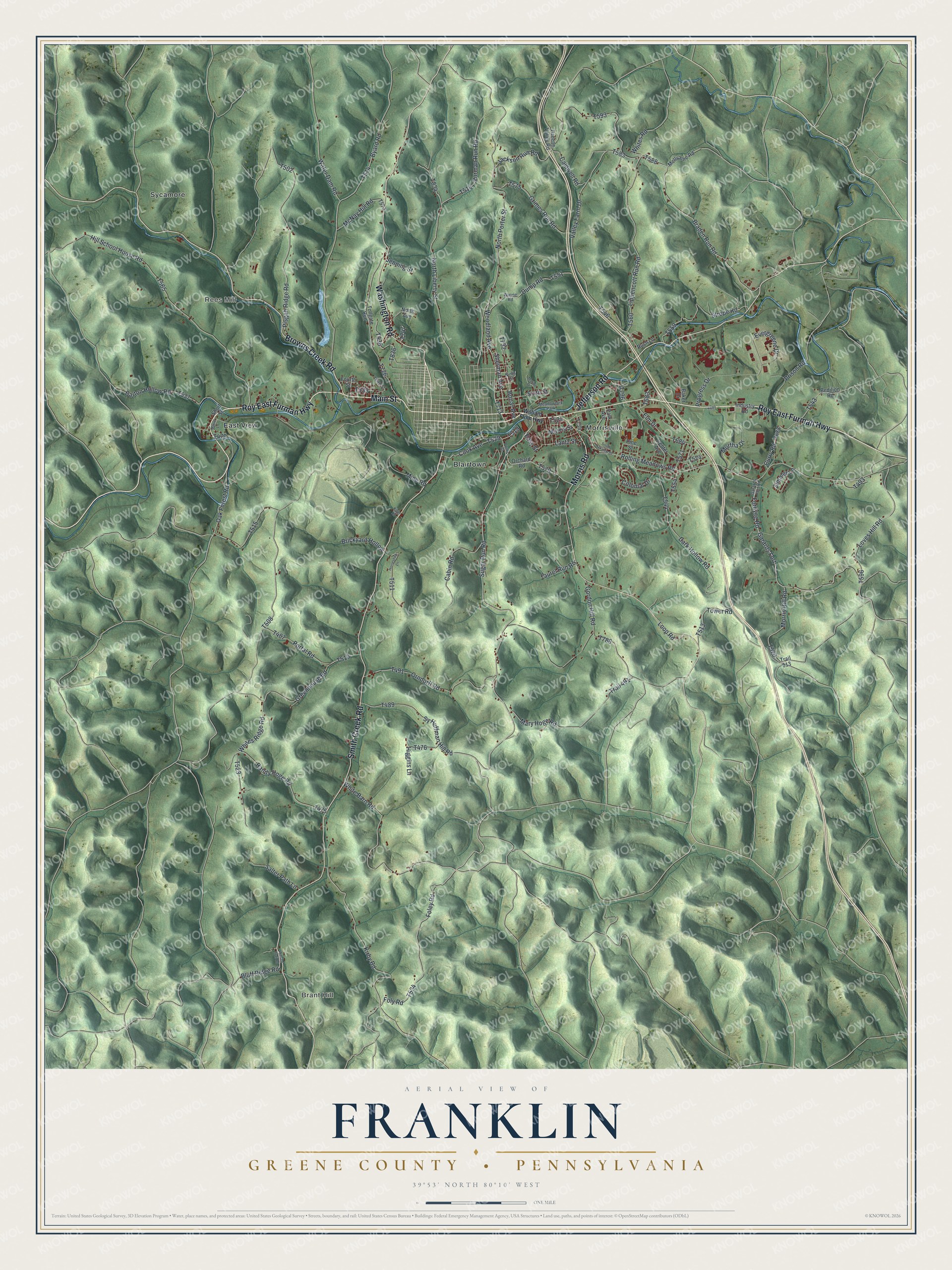 Full map of Franklin, Greene County, Pennsylvania, with red buildings, printed street names and the land around them