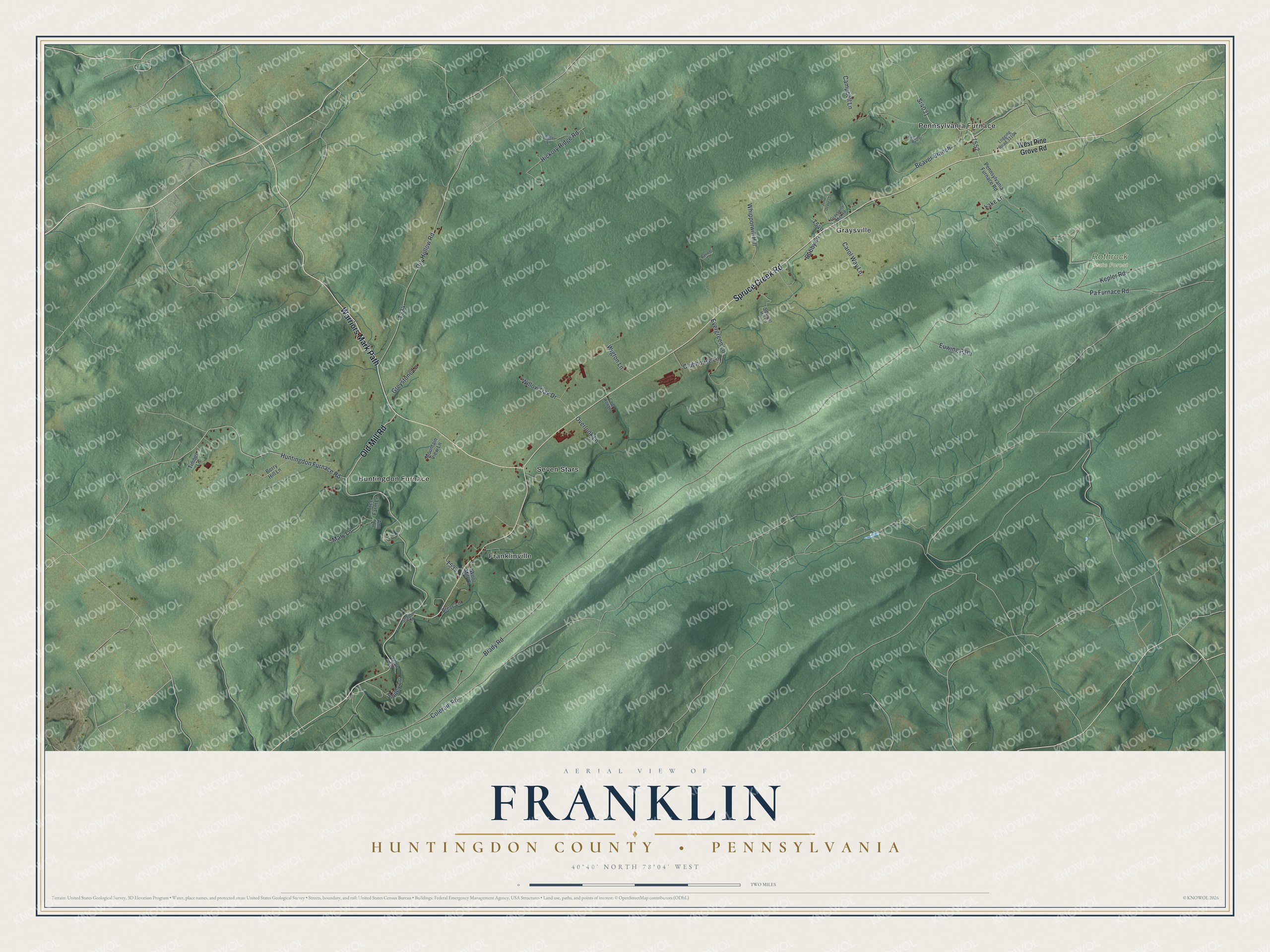 Full map of Franklin, Huntingdon County, Pennsylvania, with red buildings, printed street names and the land around them