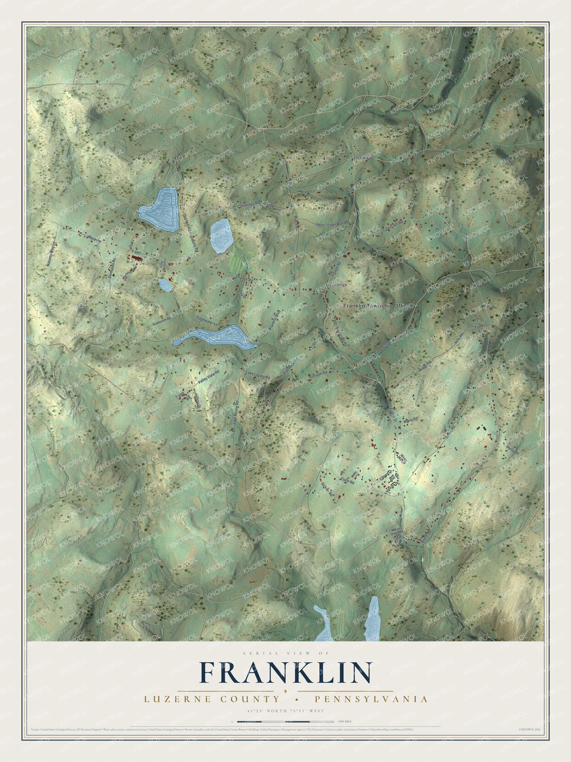 Full map of Franklin, Luzerne County, Pennsylvania, with red buildings, printed street names and the land around them