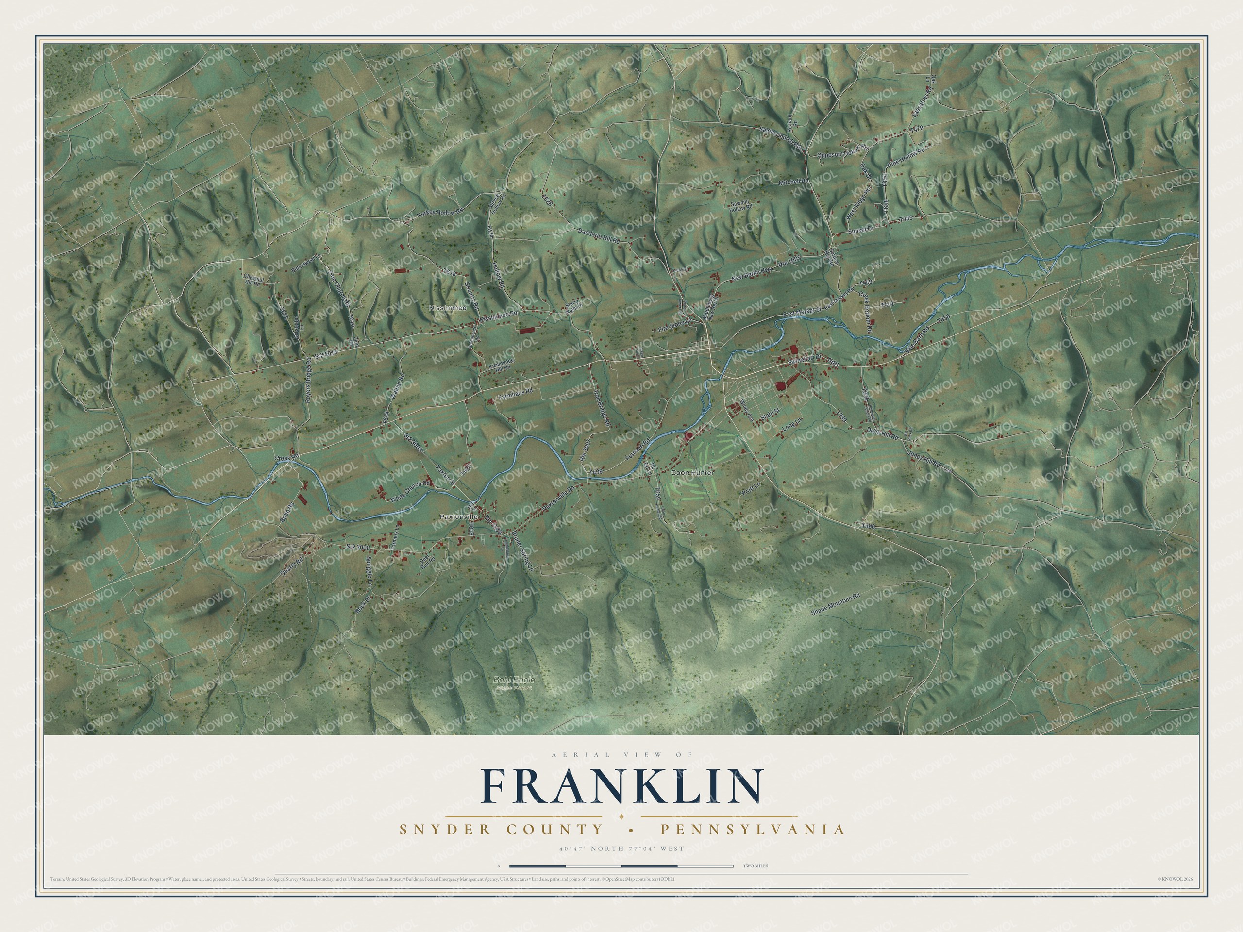 Full map of Franklin, Snyder County, Pennsylvania, with red buildings, printed street names and the land around them