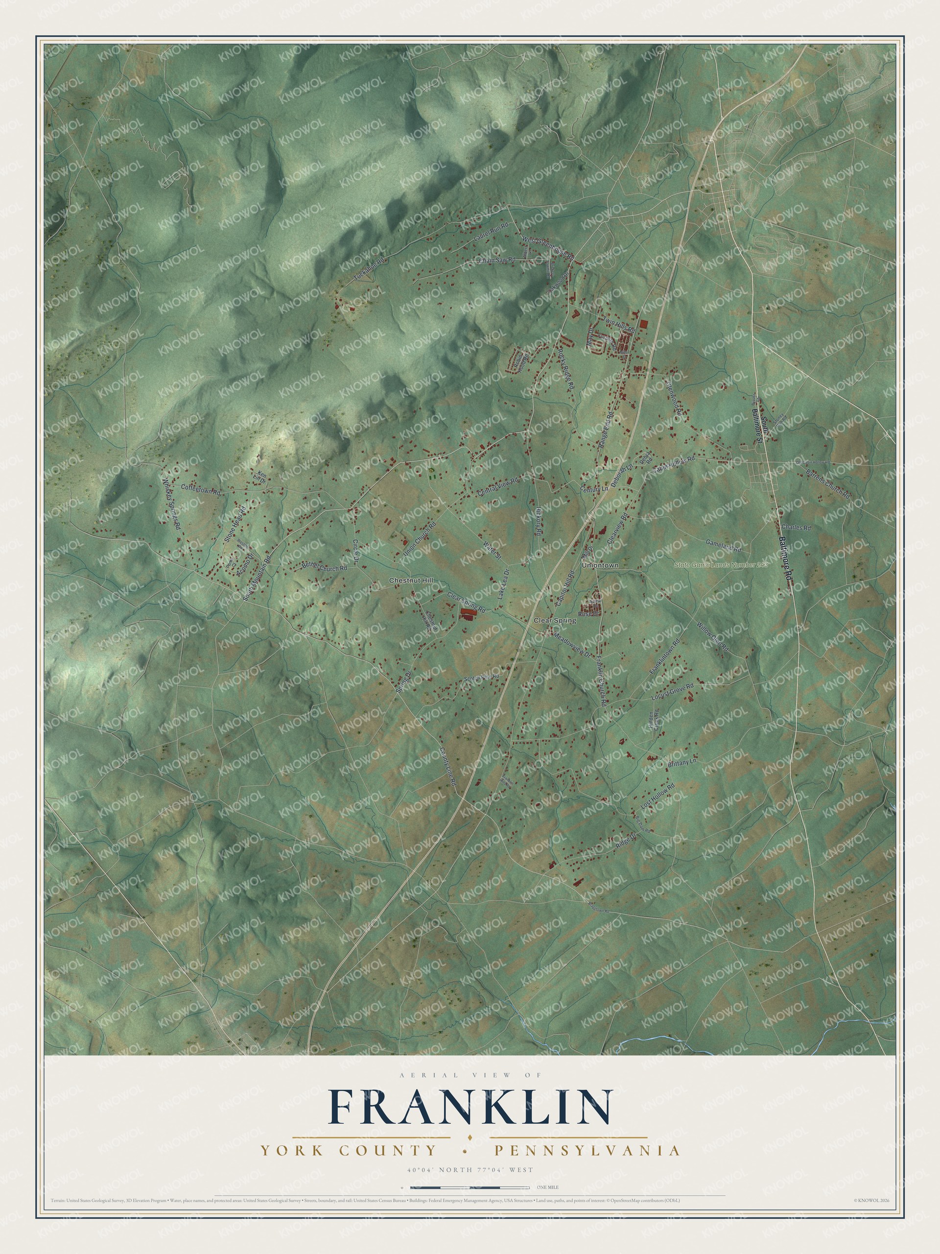 Full map of Franklin, York County, Pennsylvania, with red buildings, printed street names and the land around them