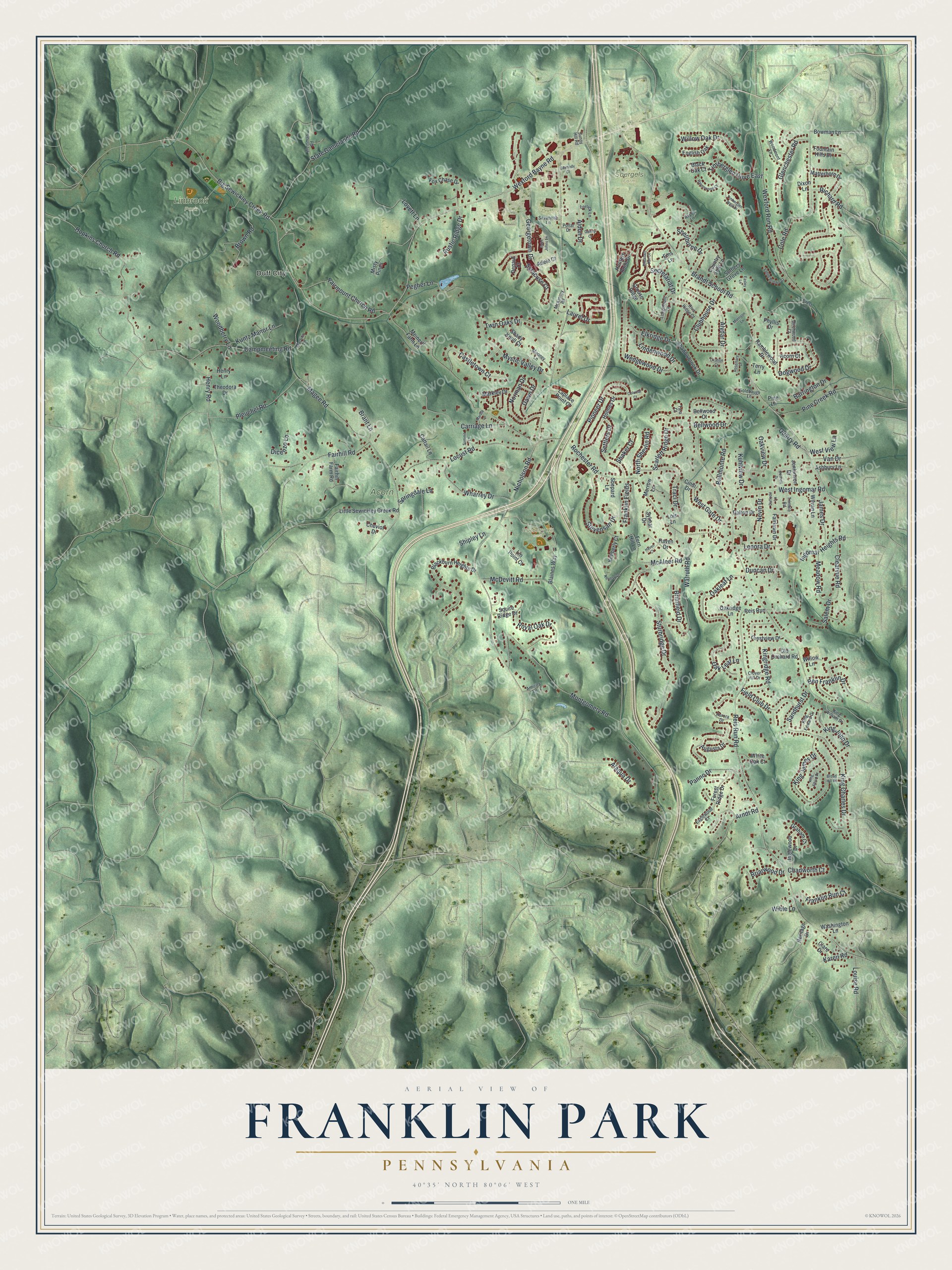 Full map of Franklin Park, Pennsylvania, with red buildings, printed street names and the land around them