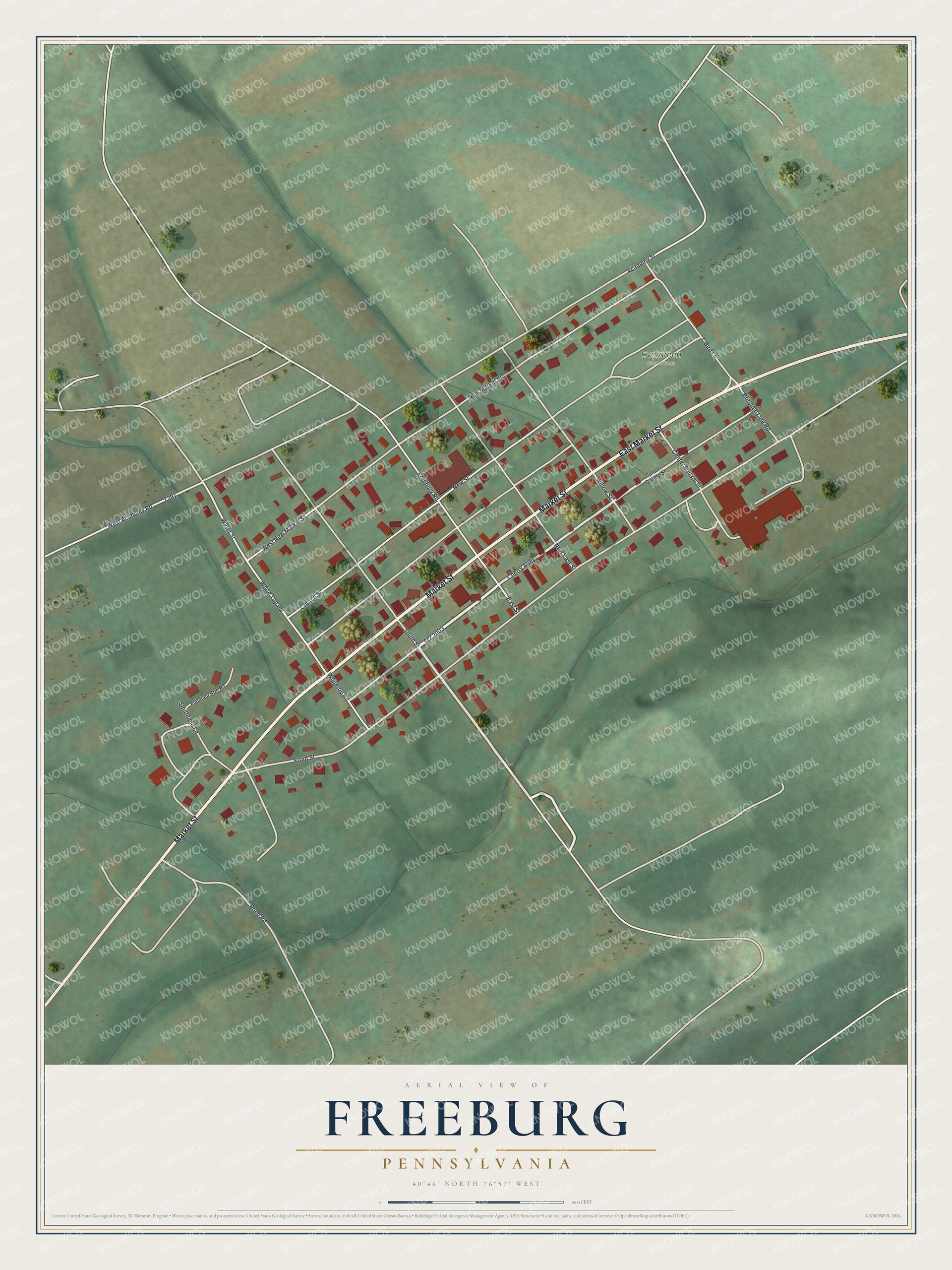 Full map of Freeburg, Pennsylvania, with red buildings, printed street names and the land around them