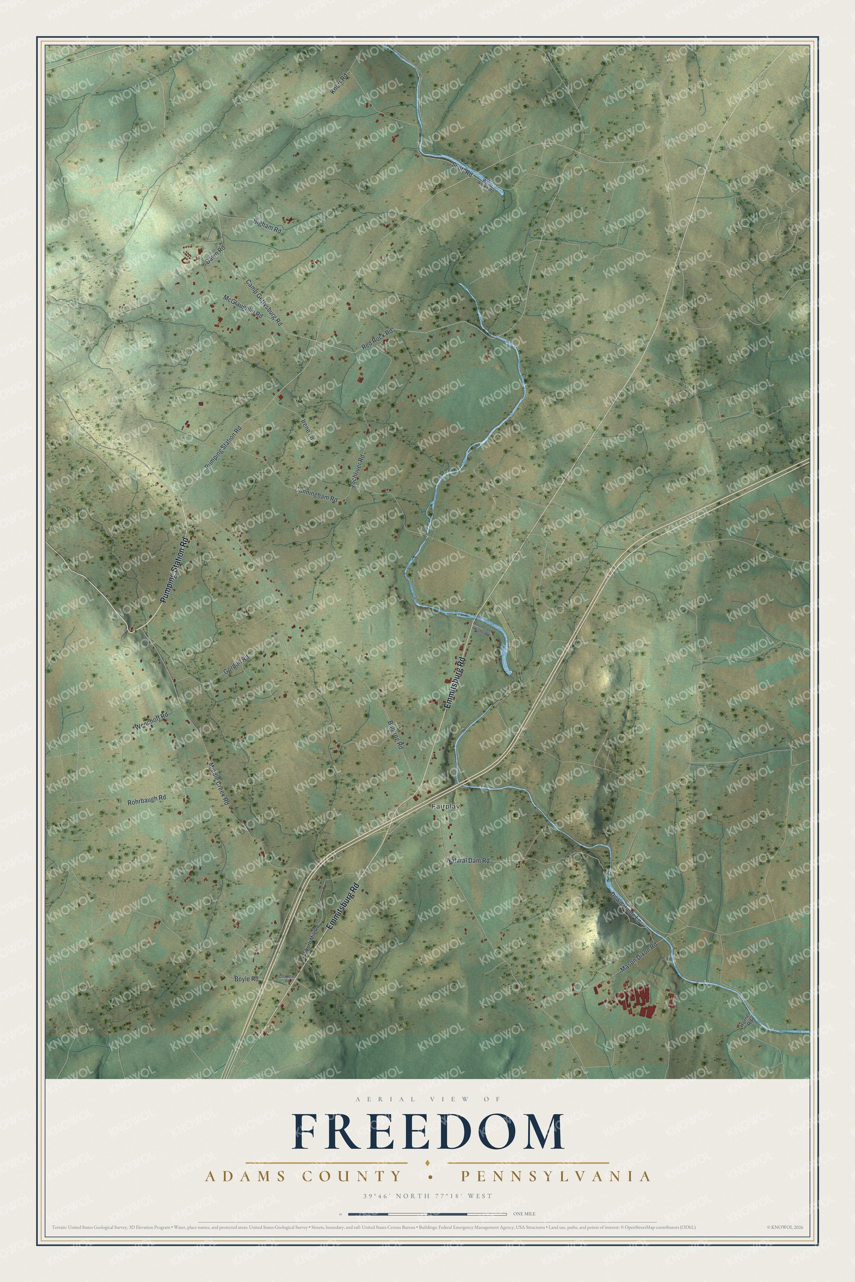 Full map of Freedom, Adams County, Pennsylvania, with red buildings, printed street names and the land around them