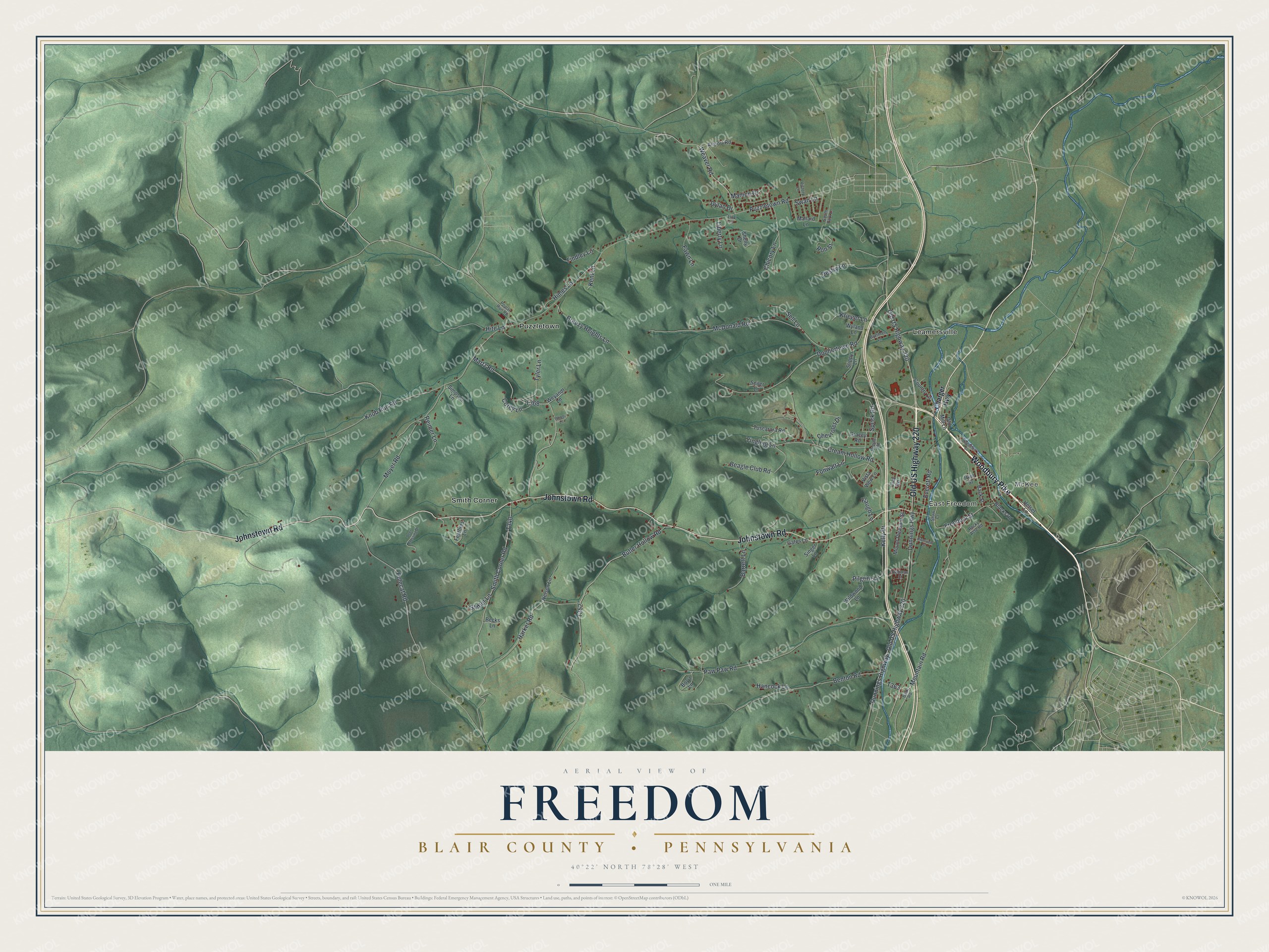Full map of Freedom, Blair County, Pennsylvania, with red buildings, printed street names and the land around them